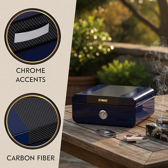 Bey-Berk Landon Carbon Fiber Cigar Humidor (Blue), Spanish Cedar Lined 50-Cigar Box with External Hygrometer