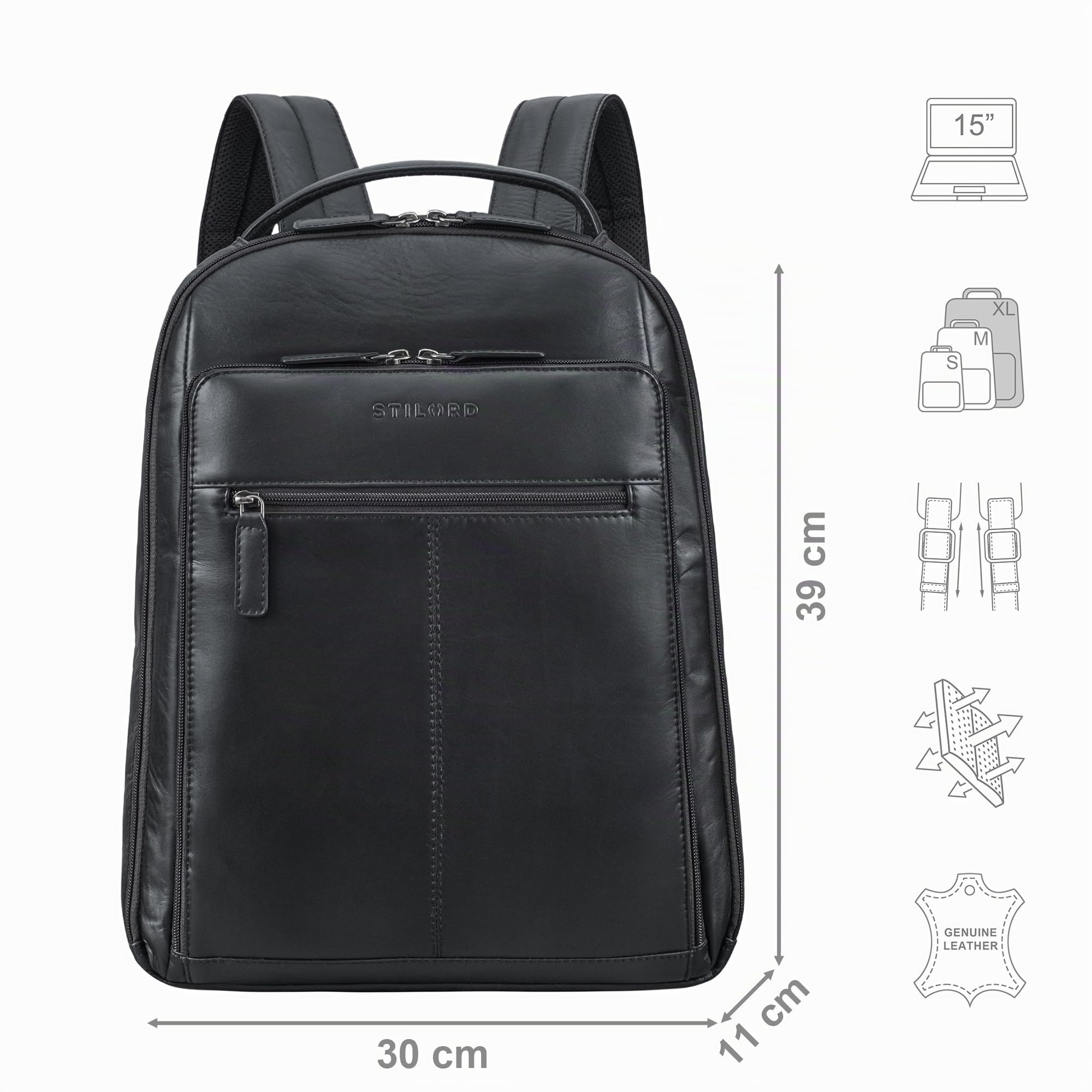 STILORD "Nami Mochila de Cuero para portátil de 15 Pulgadas - Elegante Mochila de Negocios para Hombres y Mujeres Trabajo, la Universidad y los Viajes Color:Negro