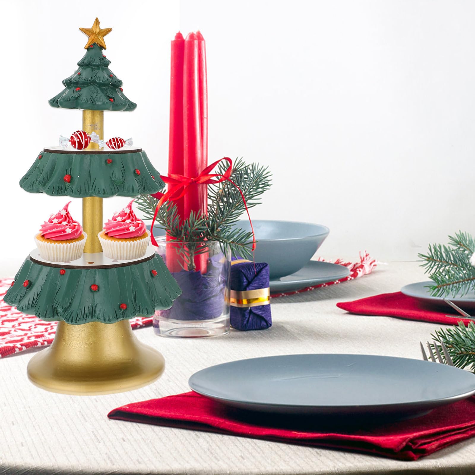 BESPORTBLE Présentoir à Cupcakes Sapin de Noël à Deux Niveaux en Résine