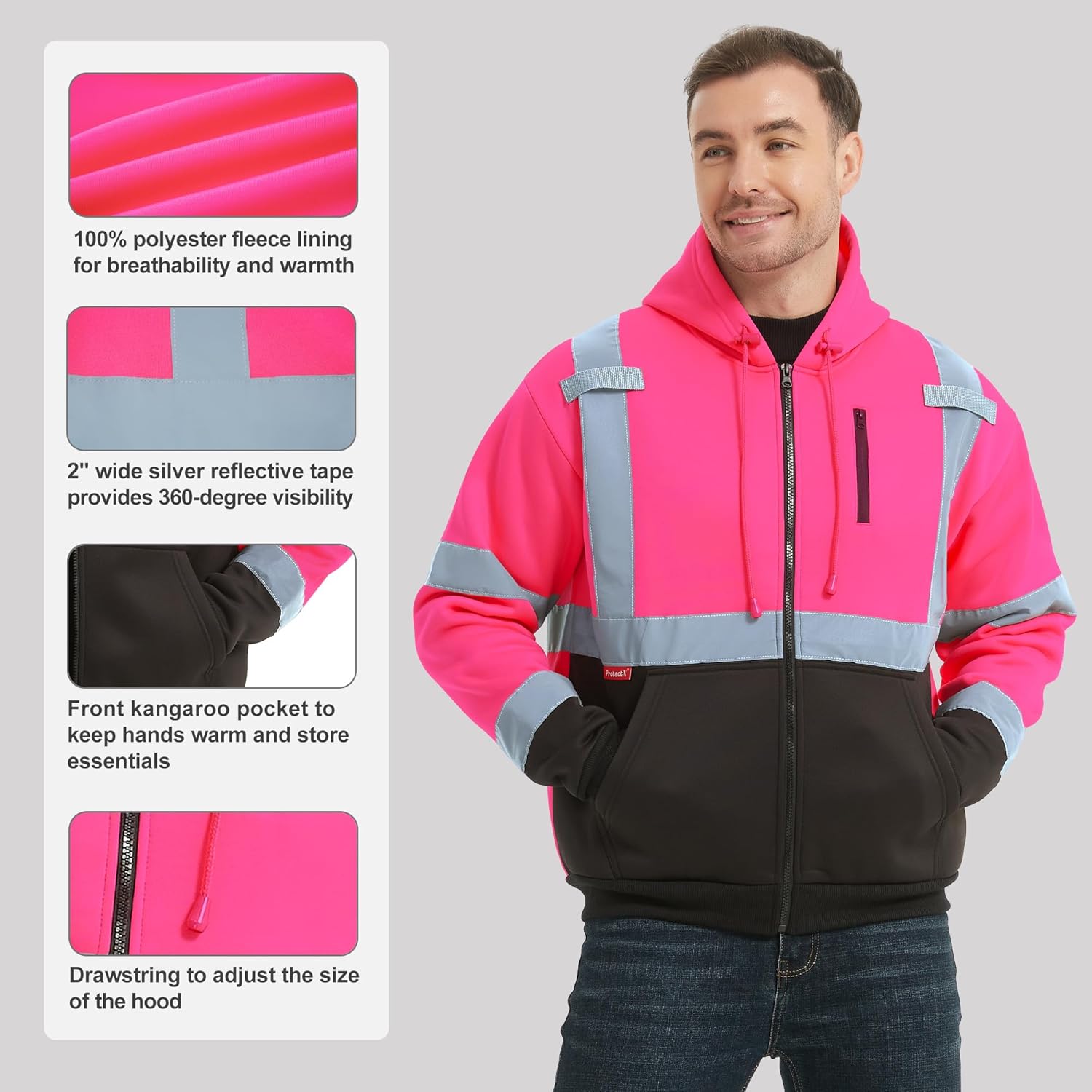 ProtectX Hi Vis Hoodie for Men Women High Visibility Safety Sweatshirt Reflective with Pockets for Construction Work Class 3