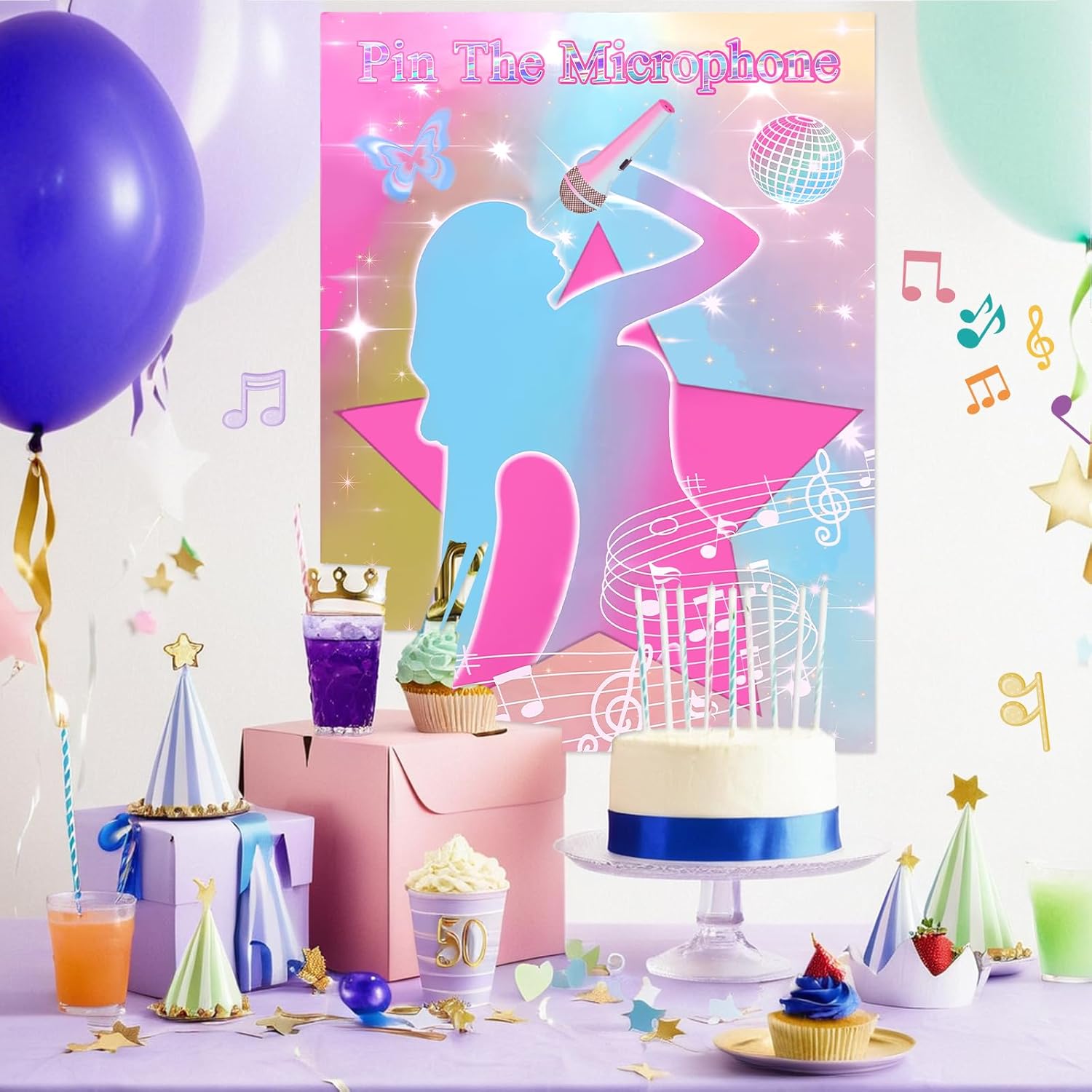 Pin The Microphones On The Famous Singers Party Games, Suitable for Music-Themed Party Supplies Decoration, Pop Singers Party,Pink Girl Party,Large Waterproof Poster with 24 Microphone Stickers