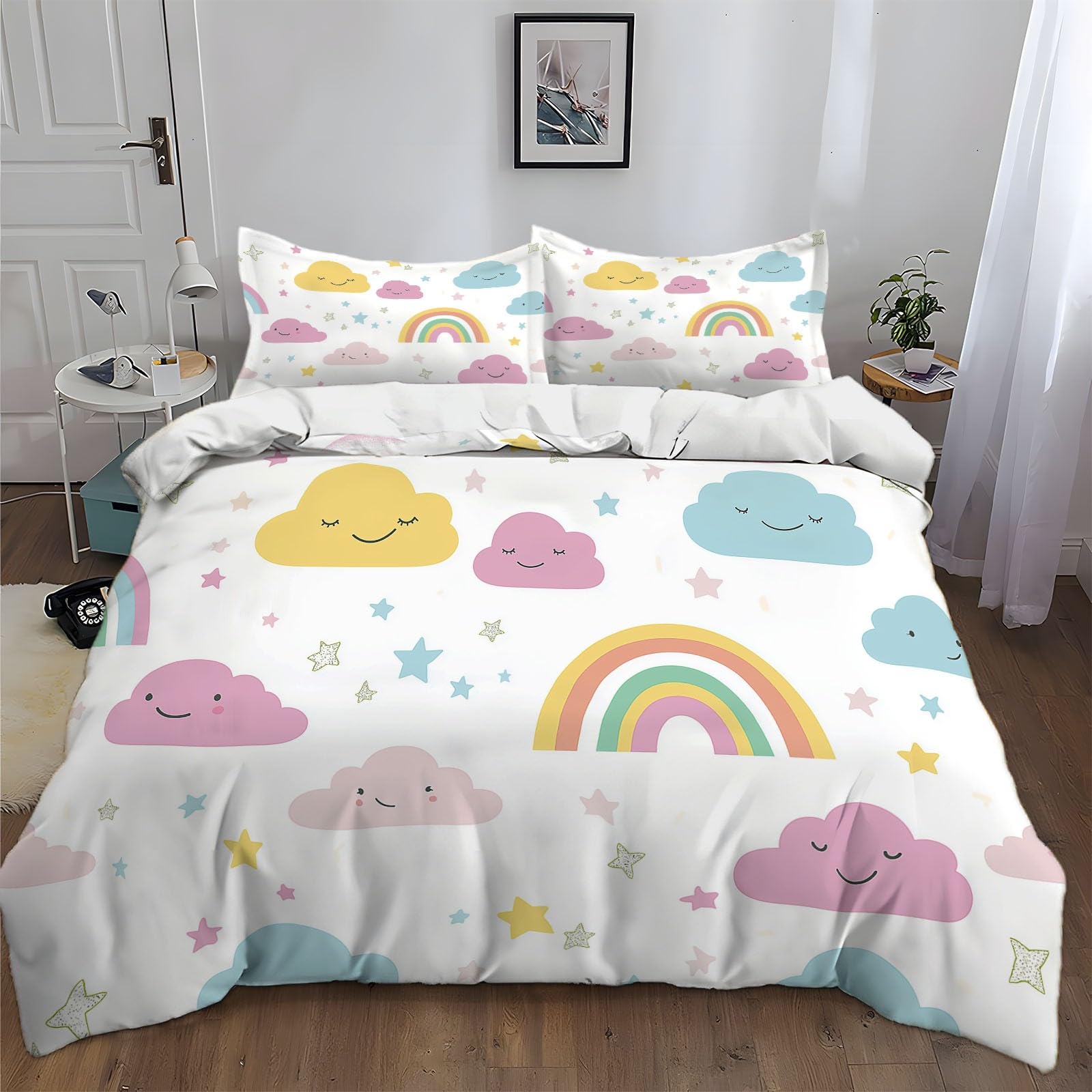 Funda Nordica para Cama 105 Estrellas del Arco Iris De Dibujos Animados Juego de Ropa de Cama Fundas Nórdicas 180x220 cm Poliéster Algodón, 3 Piezas Juego de Cama Cremallera Funda de Almohada