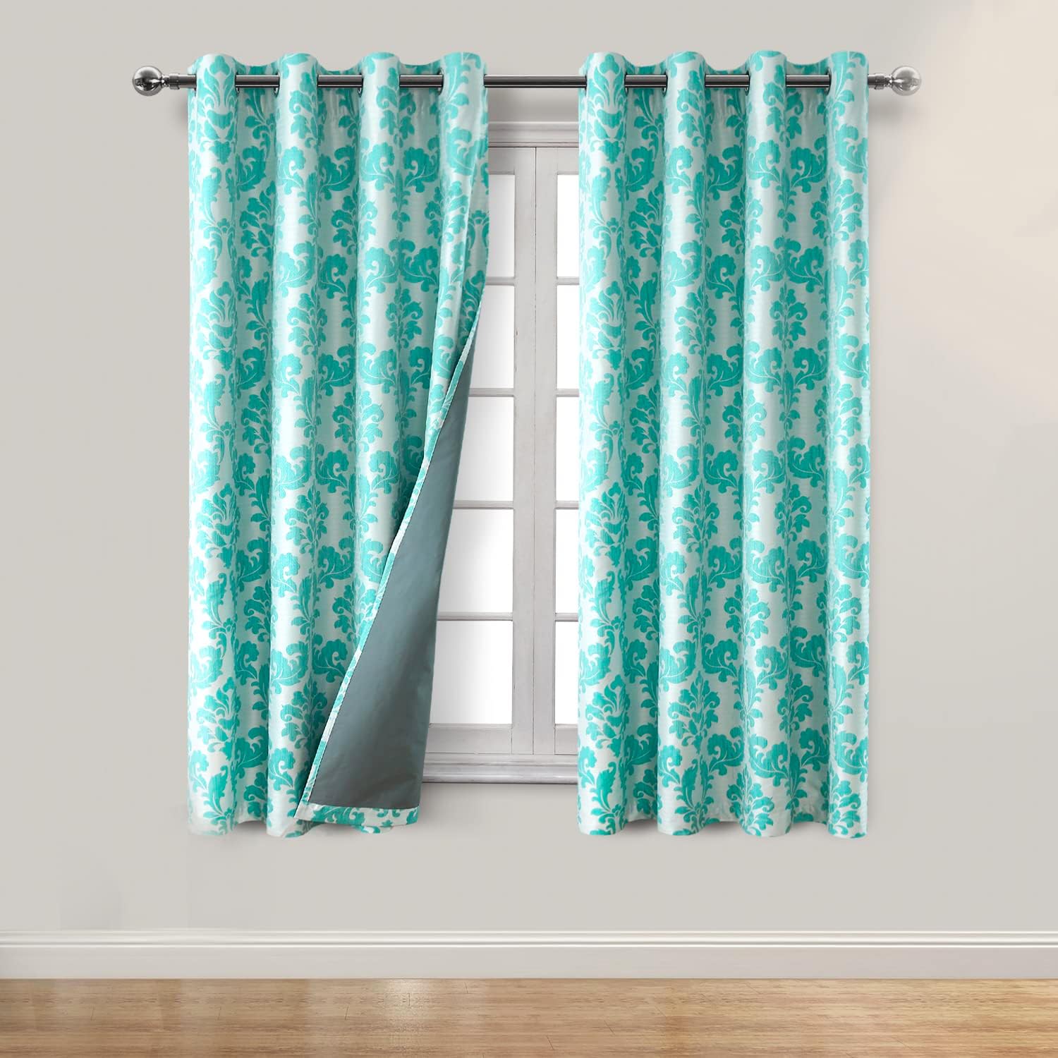Hiasan Damask 100% Blackout Curtains for Bedroom - Grommet Noise Reducing & Thermal Insulated Floral Jacquard Window Curtains for Living Room, 52 x 72 Inches Long, Teal, 2 Drape Panels