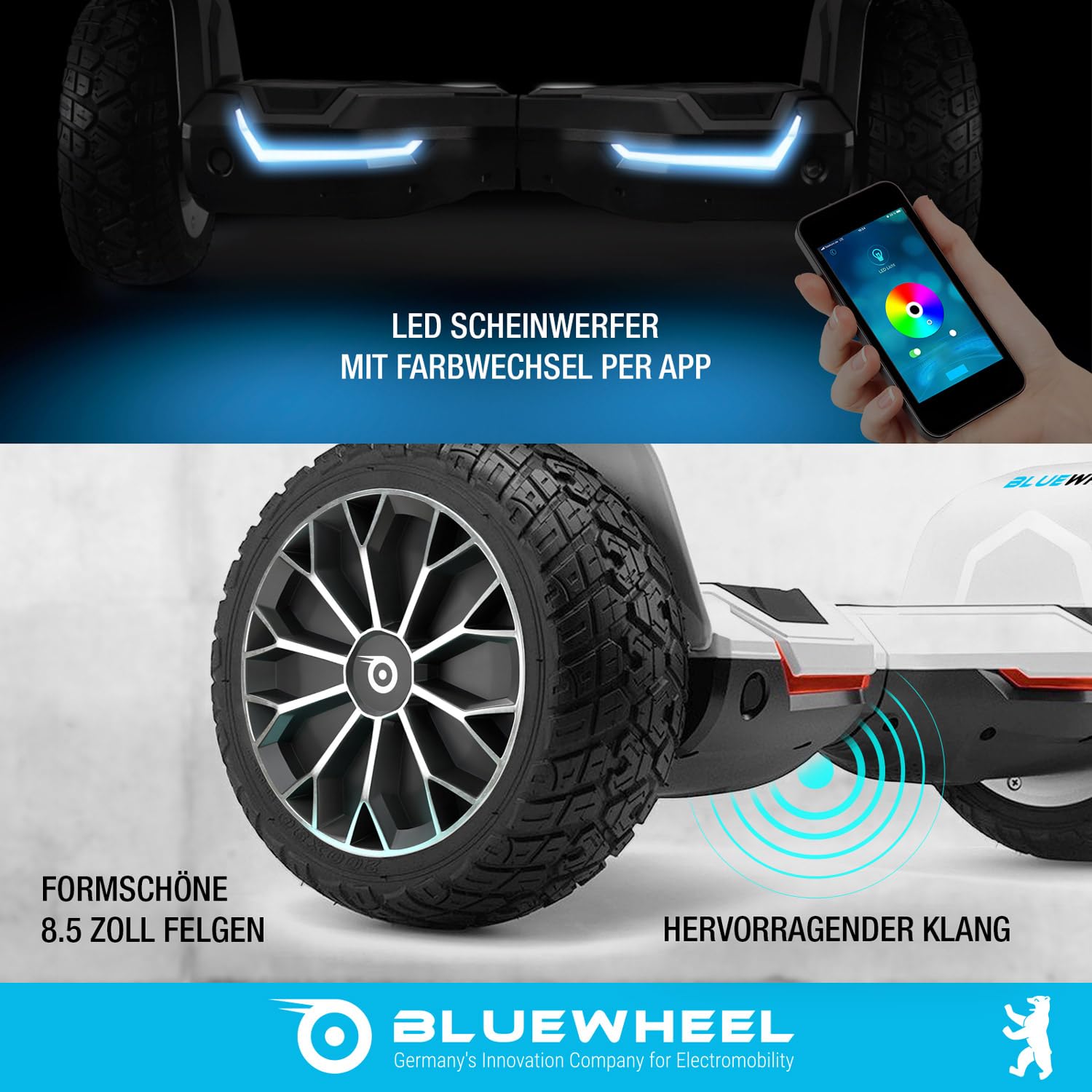 Bluewheel HX510 Premium 8.5“ Hoverboard Offroad SUV; Deutsche Qualitäts Marke; Kinder Sicherheitsmodus & App - Bluetooth; Starker Dual Motor; Aluminium Case Elektro Skateboard Self Balance Scooter