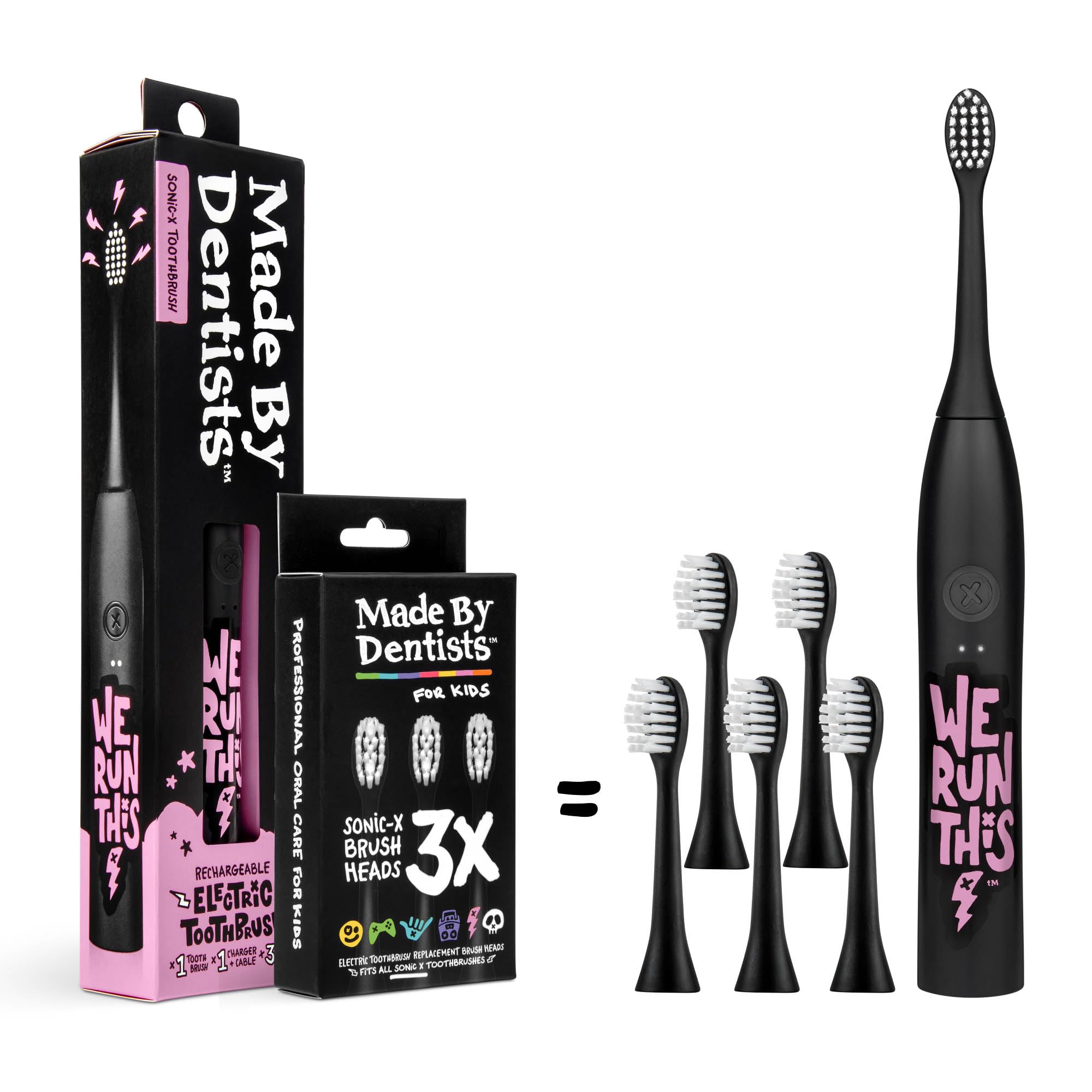 Made by Dentists Sonic X Electric Toothbrush – Rechargeable Kids Sonic Toothbrush, 8X Plaque Removal, 2 Speed Modes, 2-Minute Timer, 6 Brush Heads