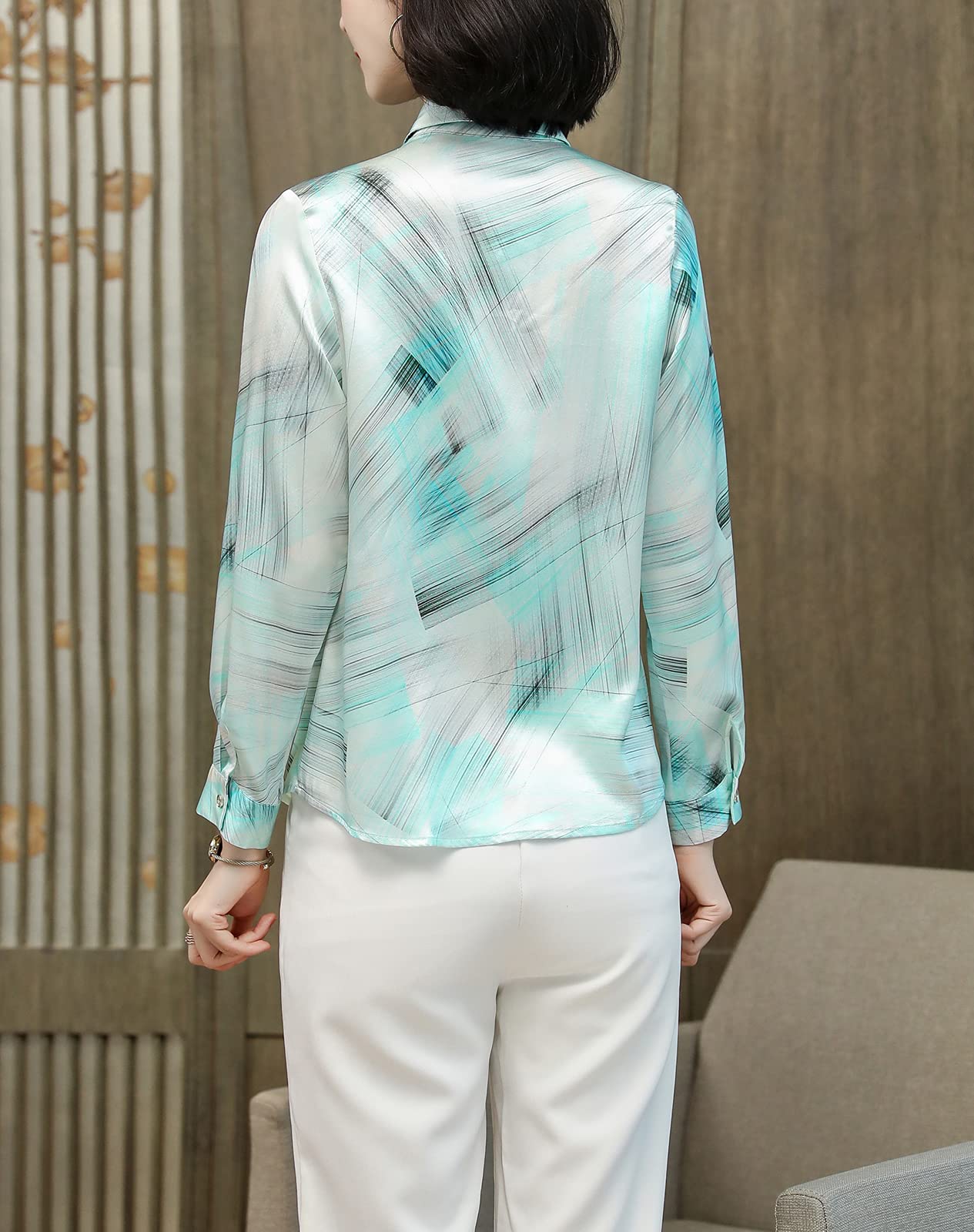 E-girl Blusa de seda para mujer con estampado de botones, blusa de manga larga con solapa de seda, S9077