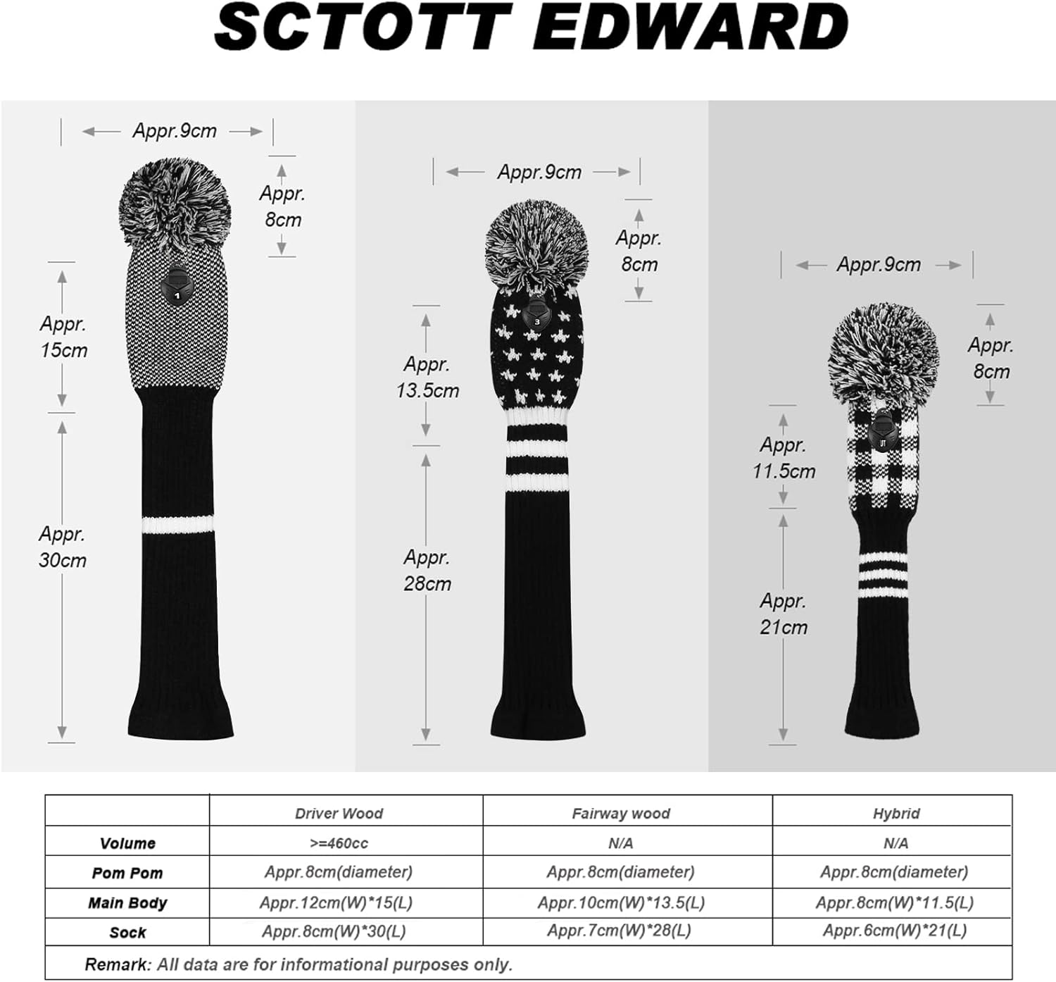 Scott Edward Knitted Golf Head Covers 4PCS Handmade Fit Well for Driver and Fairway Woods with Long Neck Pom Pom Golf Club Headcovers Set Colorful Multiple Colors
