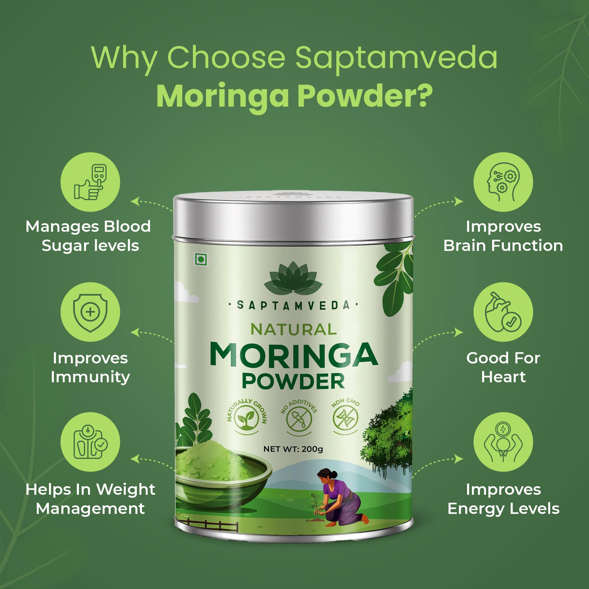 Saptamveda Organic Cultivated Elite Moringa Drumstick Powder 200g Tin | Superfood for Immunity, Skin & Hair Care | Herbal Supplement