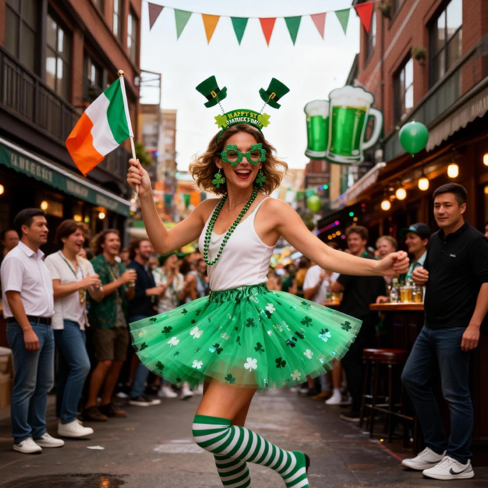 Hifot 8 Pieces St. Patrick's Day Costume Accessories Set for Women Tutu Skirts Striped Knee High Socks Beads Irish Headdress Eyeglass St. Patricks Day Party Favour Supplies Decoration - Image 4