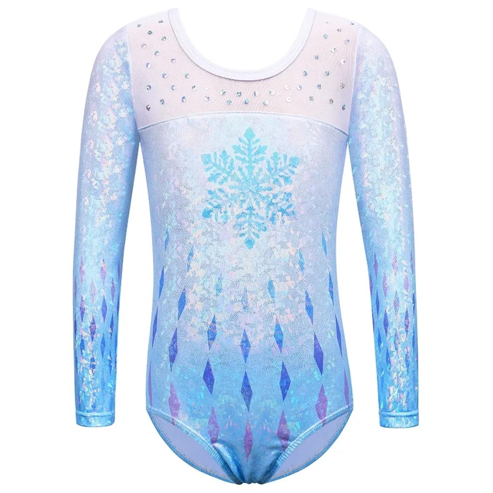 Maillot Gimnasia Ritmica Leotardos de Malla de Retazos de Manga Larga for niñas, niños pequeños, Mono de Gimnasia con Diamantes, Ropa de Gimnasia for Adolescentes(B270 Lightblue,4A)