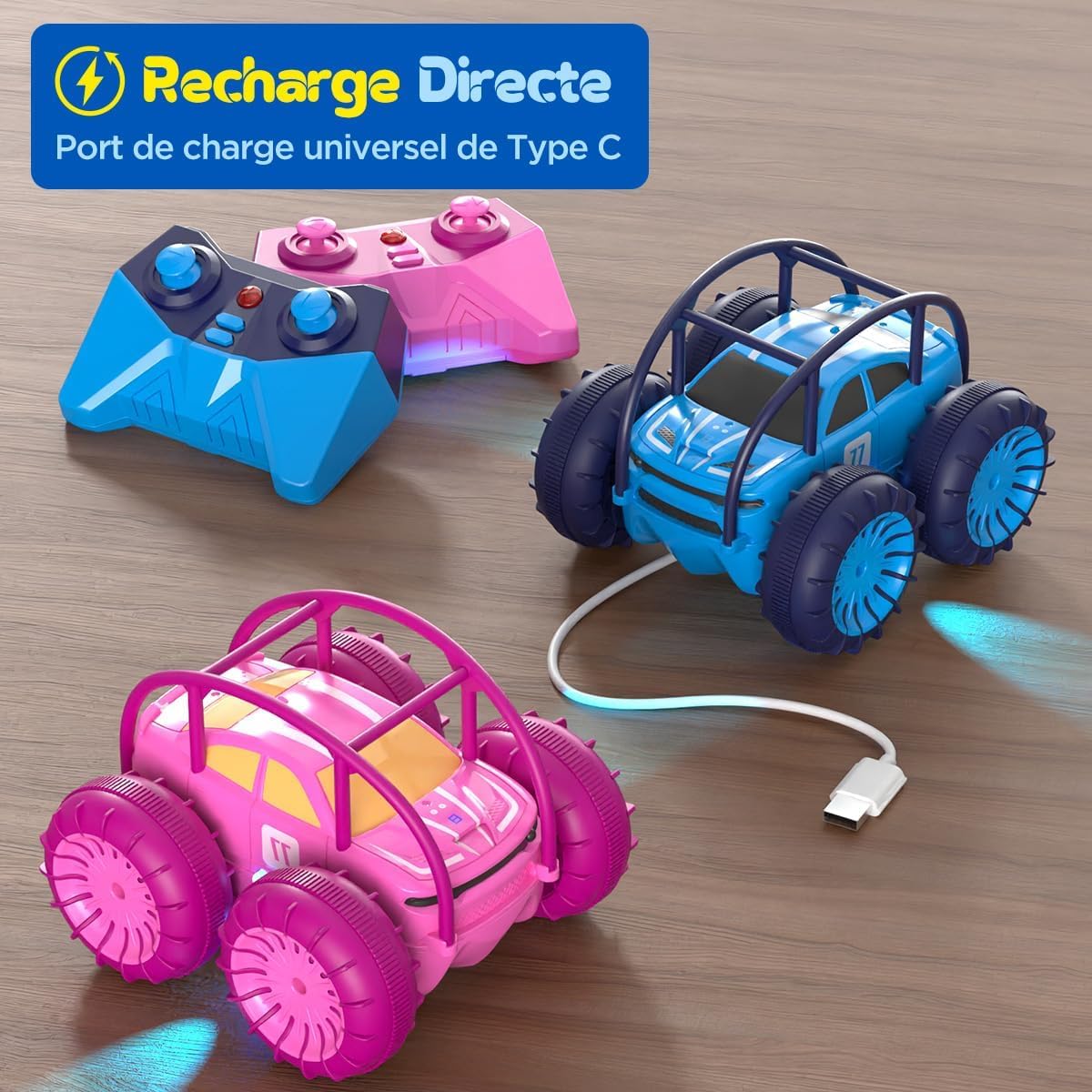 ifollower Voiture Télécommandée à Charge Directe, 15 km/h 4WD Véhicule Amphibie Cascadeur, 2.4 GHz Rotation à 360° avec LED Colorée, Jouets Tout-Terrain, Cadeaux pour Enfants de 3-12 Ans