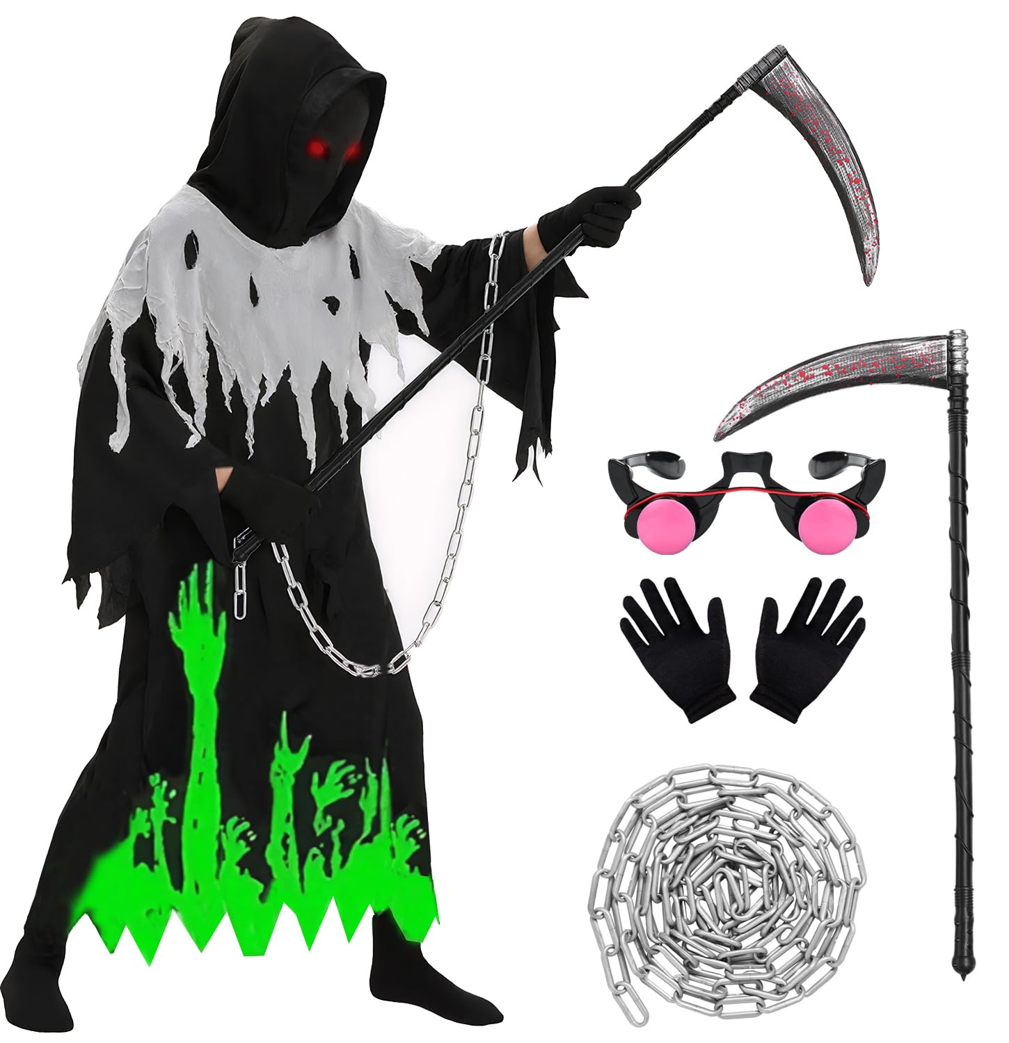 Grim Reaper Costume Kids, Glow in the Dark Skeleton Black Cape with Hood with Glasses Gloves Grim Reaper Scythe Costume Chain