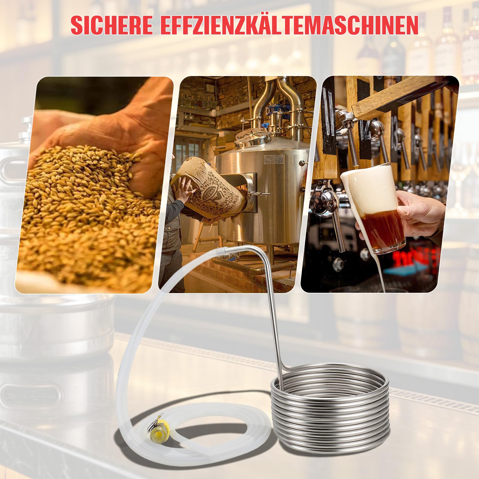 Kühlspirale Eintauchkühler Kühlschlange Ø23cm, Edelstahl Maischekühler Kühlspirale zur Kühlung von Bier, Kühlrohr Würzekühler Maischekühler mit 2* Silikonschläuche, 2* Verbindungsstücke