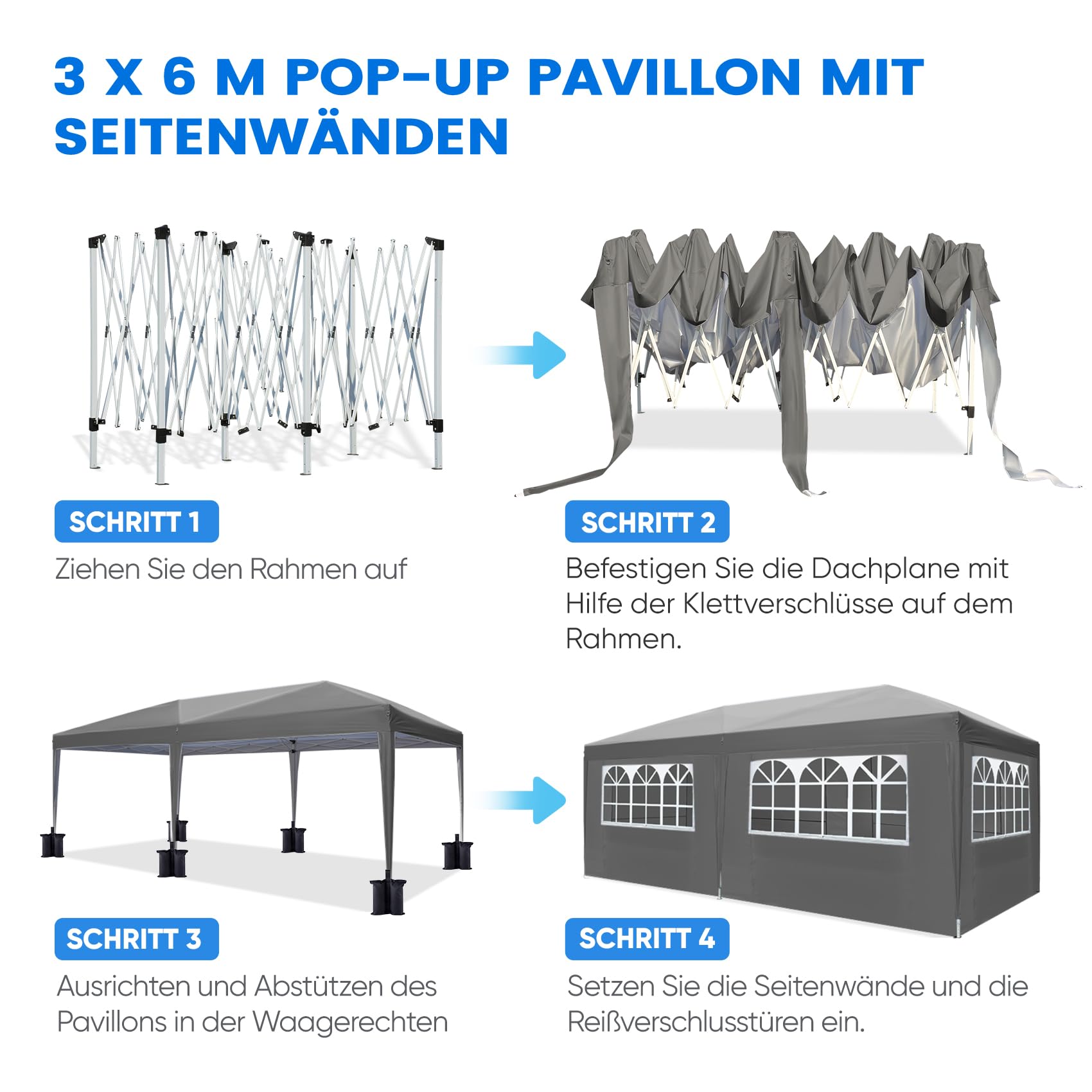 Quictent Faltpavillon 3x6m wasserdicht | Partyzelt, Pop-Up Pavillon, Gartenpavillon, stabil, mit Seitenwänden, UV-Schutz 50+, Tragetasche inkl, Stahlrahmen