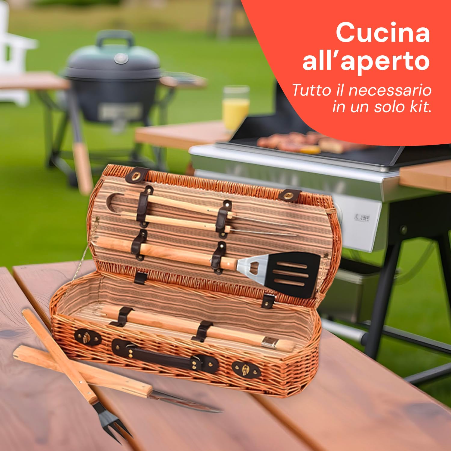 Avilia Bolsa de Herramientas para Barbacoa de Mimbre, Juego de Barbacoa portátil con 5 Accesorios en maletín, Kit para Barbacoa de Camping, Herramientas de Barbacoa de Viaje y Picnic al Aire Libre