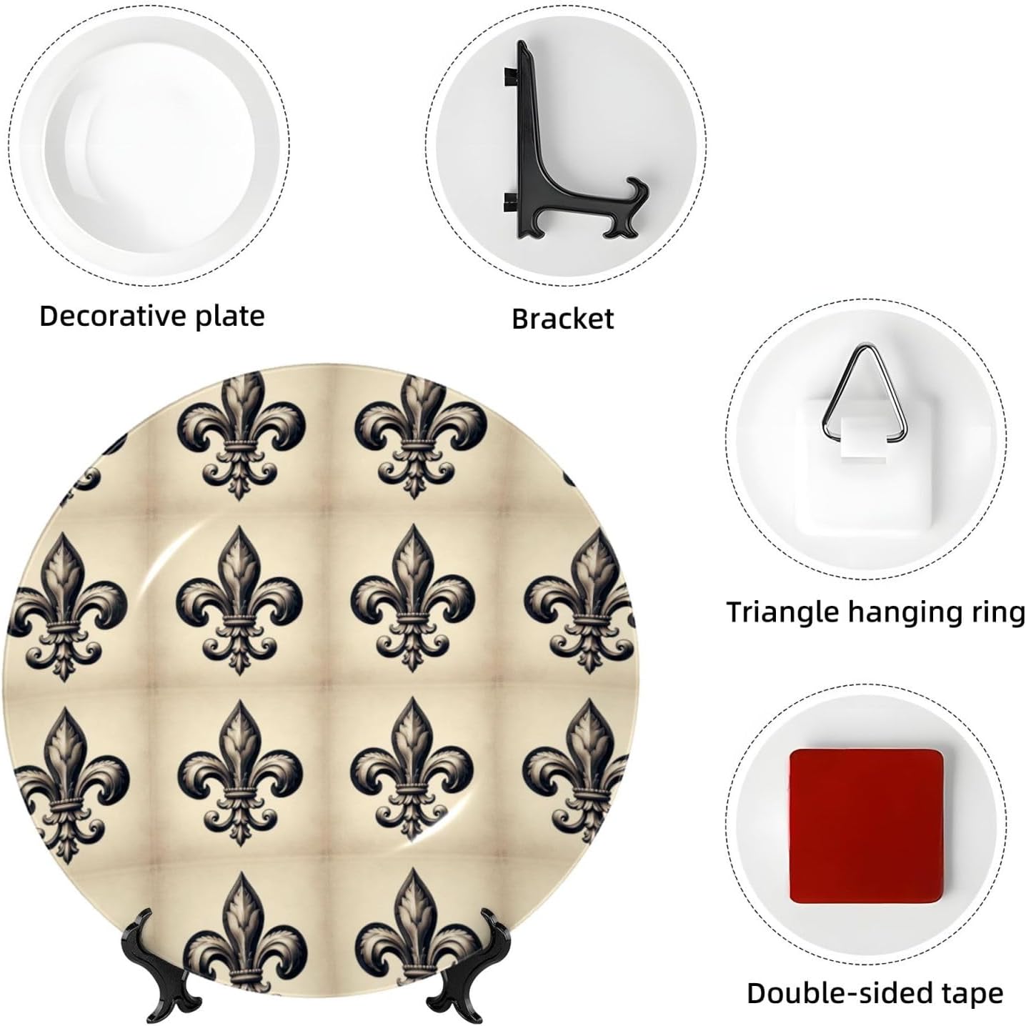 Fleur-De-Lis-Black-Retro 10 Inch Decorative Plate With Stand, Elegant Display Wall Plate For Home Decor