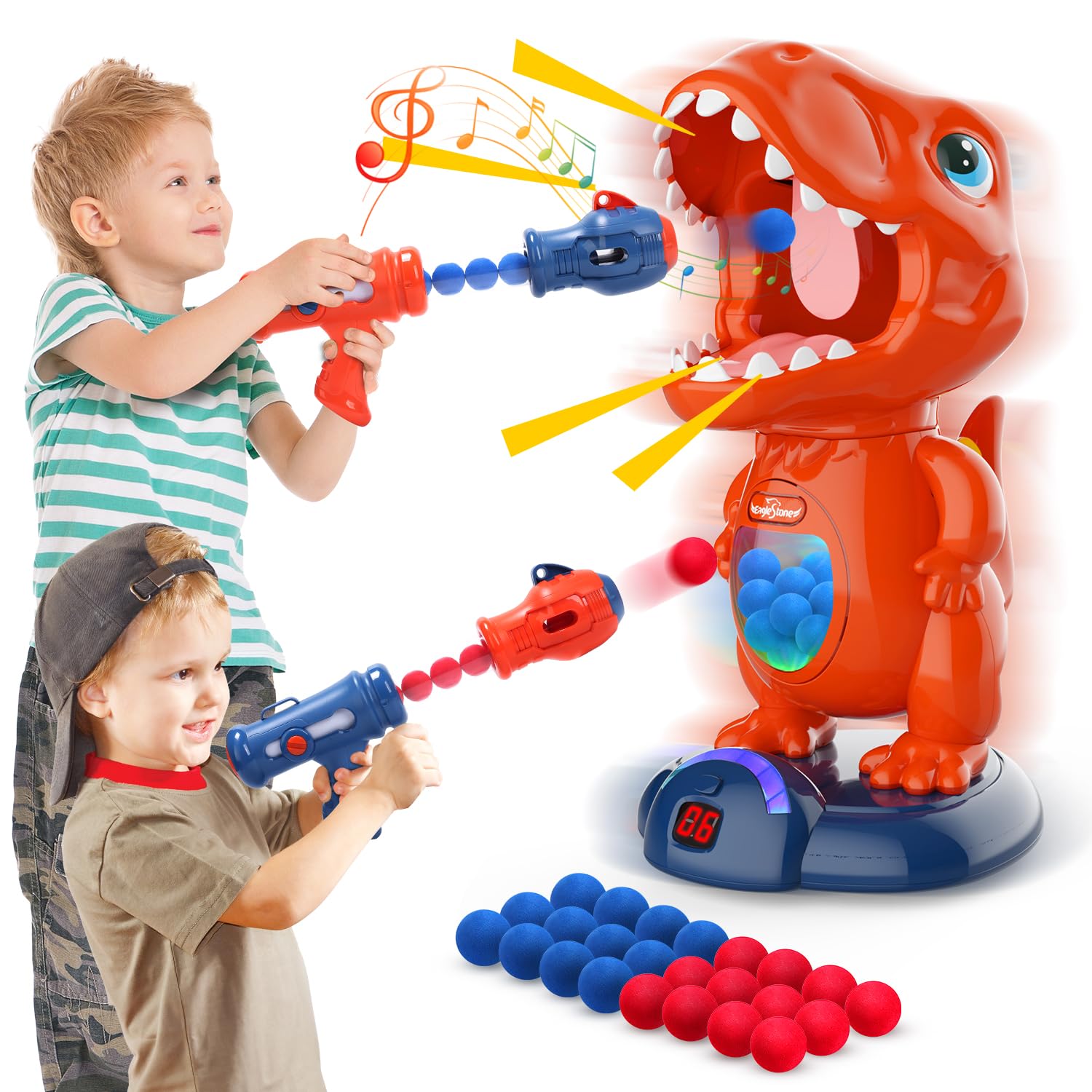 EagleStone Movable Dinosaur Shooting Toys for Kids Games with 2 Air Pump Gun, Party Toys with Score Record, LED & Sound, 48 Foam Balls Electronic Target Practice Gift for Boys and Girls
