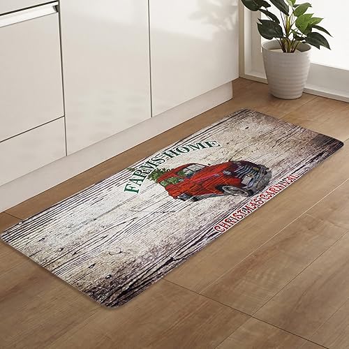 Miniatura 7 de Tapetes de cocina para piso, 2 piezas, diseño de árbol de Navidad, granja, retro, antideslizantes, lavables, juego de alfombras absorbentes para