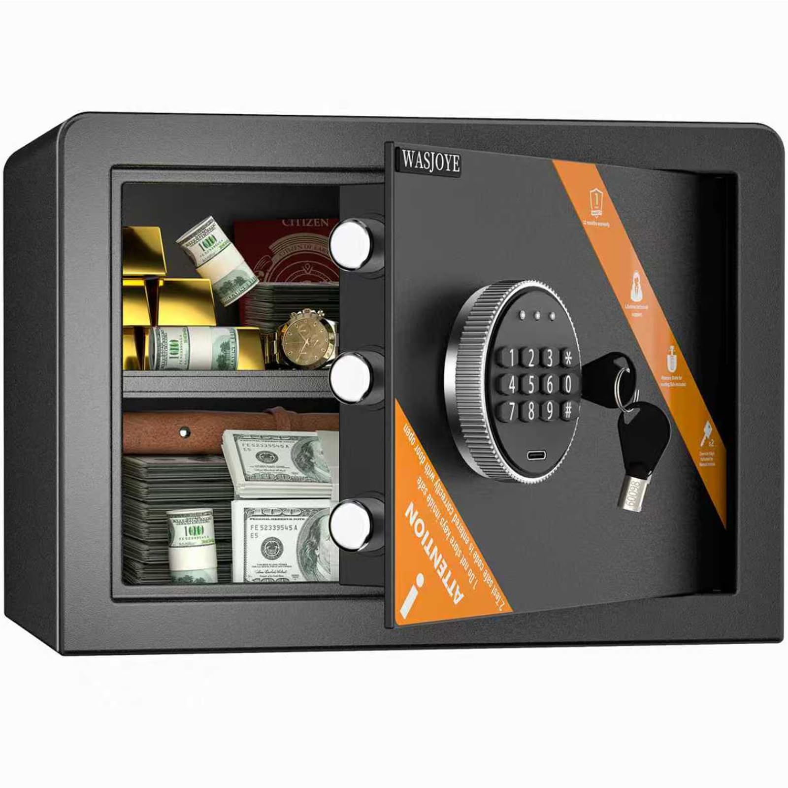 WASJOYE Security Home Safe Box - 1.2 Cubic Feet Cabinet Safe with Digital Keypad Safety Key Lock Type-C Port Alarm System, Smart Safes Box for Home Business Office Hotel Money Document Storage