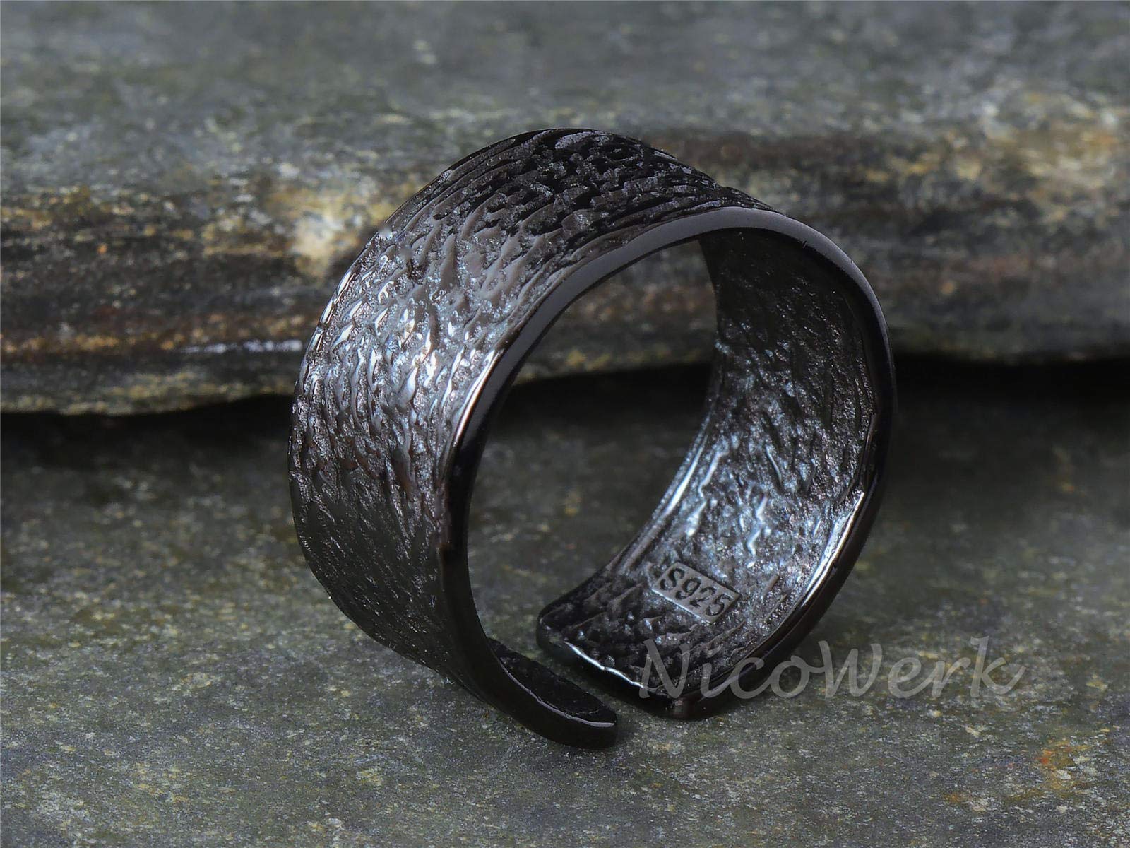 NicoWerk Anillo de plata para mujer de plata de ley 925, ancho, sencillo, estrecho, negro, con estructura ajustable, abierto, SRI621