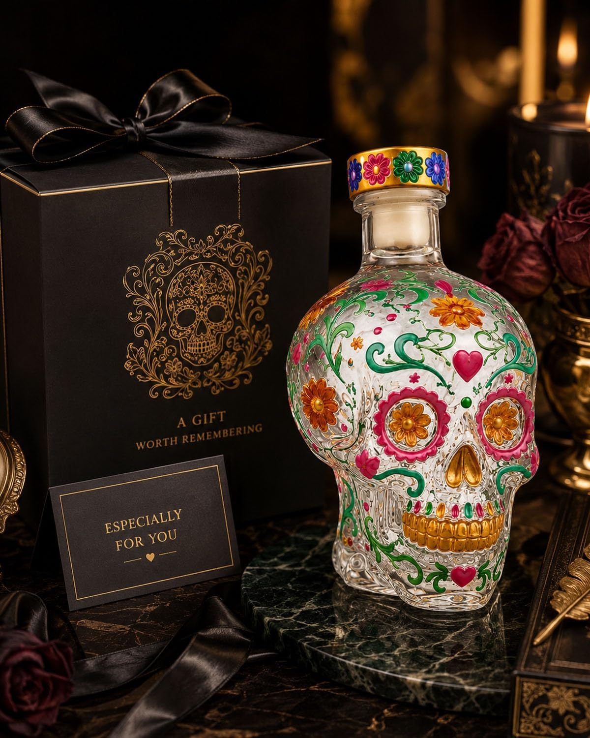 2026 Botella decantadora gótica con diseño de calavera del Día de los Dead, edición limitada, decoración para el hogar, bar, Halloween, fiesta, regalo (14 cm)