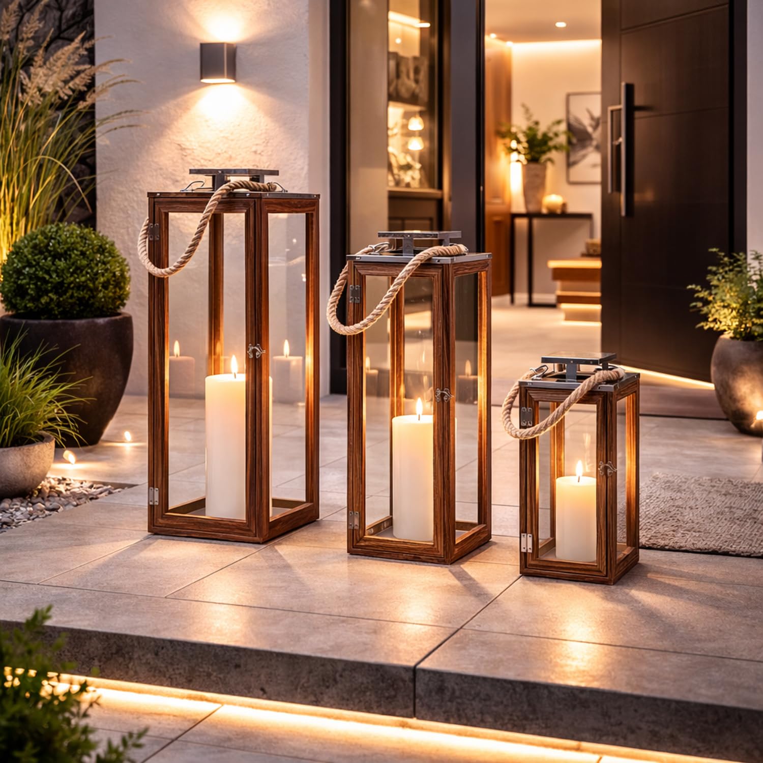 Set di 3 lanterne da giardino XXL, lanterne da giardino in legno massiccio, portacandela antivento, circa 14 x 14 x 31 cm + 19 x 19 x 51 cm + 70 x 24 x 24 cm, con tetto in acciaio inox