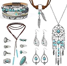 Byfoyif 14 Pcs Bijoux Bohème Turquoise, Bijoux Occidentaux pour Femmes Vert, Collier Pendentif Turquoise + Boucles d'Oreilles Chic + Bagues Vintage + Bracelet Bohème, pour Voyage Photographie Cowgirl