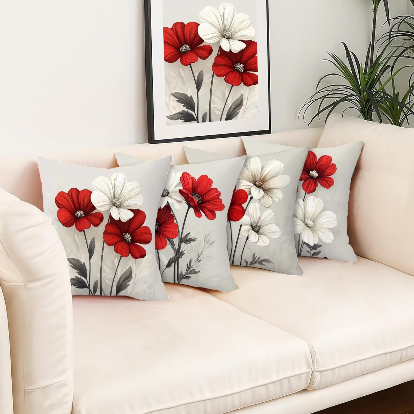 Kissenbezug 55x55 Grau 4er Set Samt Kissenbezüge Blume Zierkissenbezug Kissenhülle Dekorative Weiche Quadratische Dekokissenbezug Sofakissenbezug Couchkissen für Deko Schlafzimmer Wohnzimmer E-14