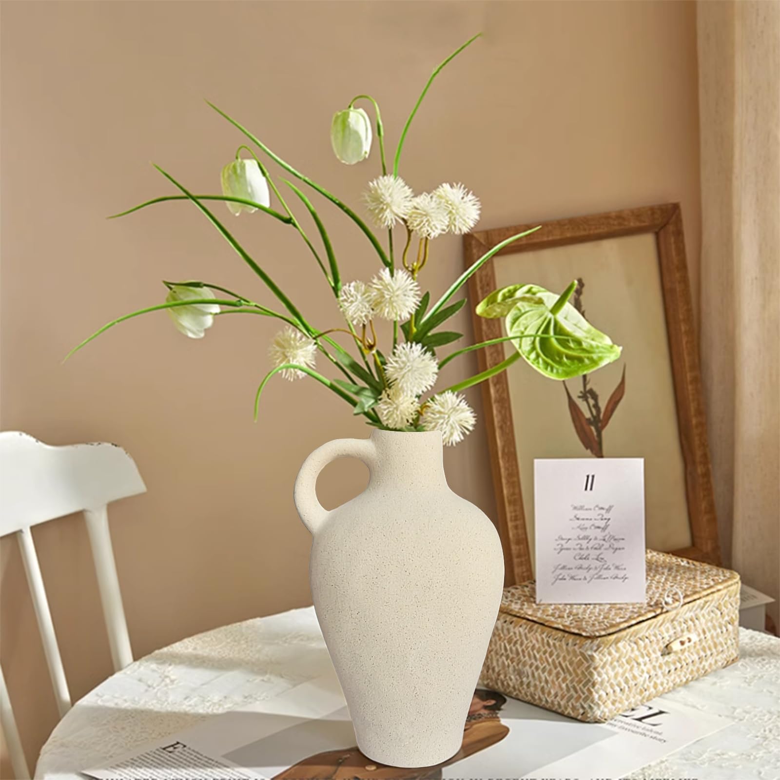 SSUUMMEERR Rustic White Ceramic Vase for Home Décor,Antique Farmhouse Clay Jug Pitcher Vases for Aesthetic Textured Large Vintage Pottery with Handle for Centerpiece