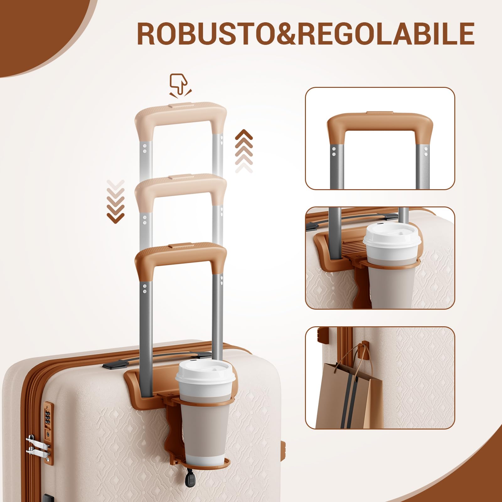 KONO Valigia Media in PP Rigida 65 cm - Trolley 20 kg Leggero Espandibile con Ruote 360° TPE, Portabicchieri Integrato e Serratura TSA (24", Beige/marrone)