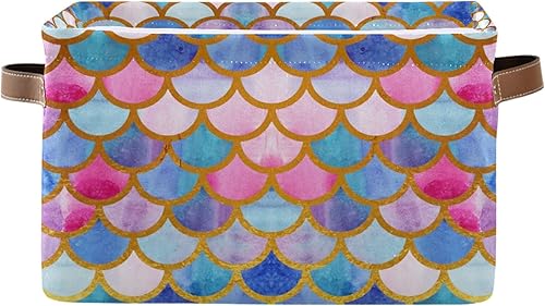 Cesta de almacenamiento rectangular  Escamas de pez sirena colorida caja de almacenamiento plegable con asas de cuero, estantes organizador para disponible en Yaxa Peru