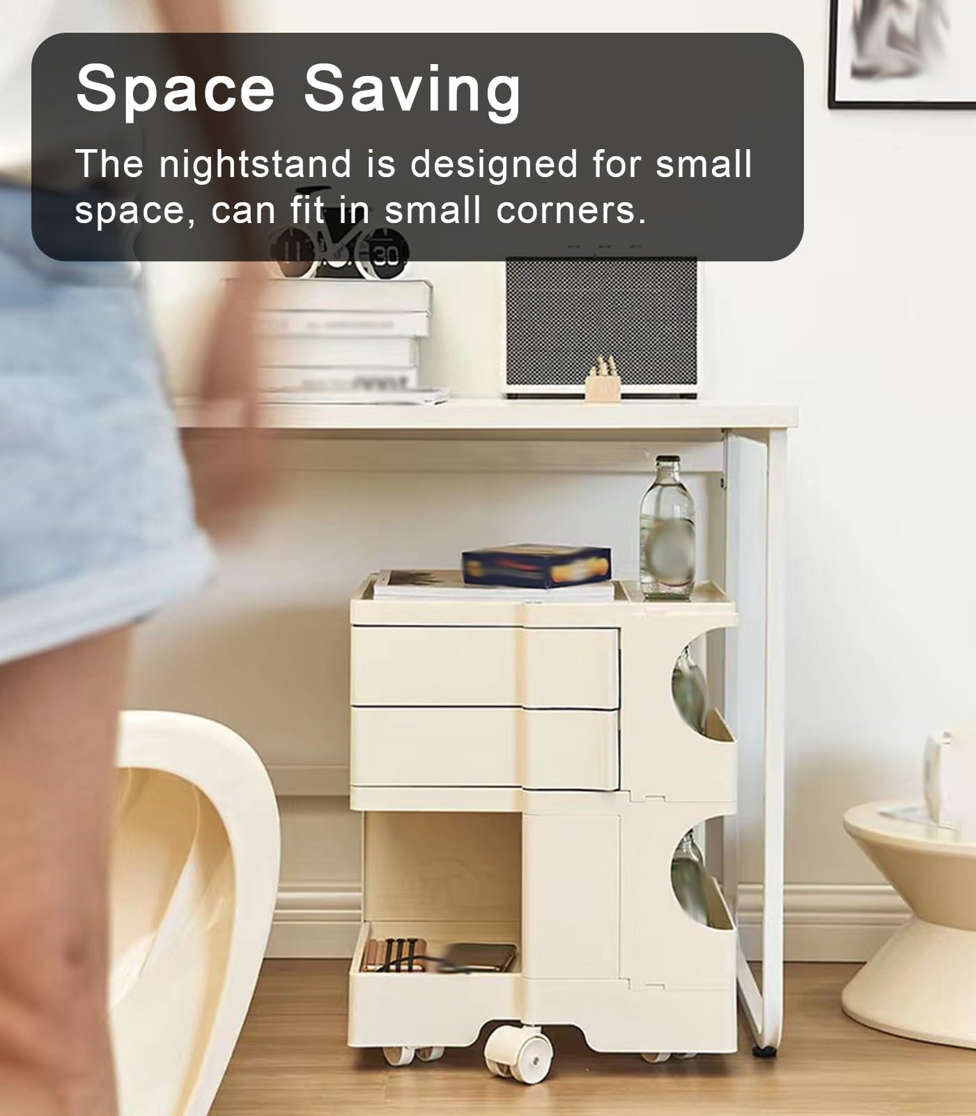 Mesita De Noche Pequeña Y Estrecha De Plástico con Ruedas Universales para Dormitorio, Sala De Estar Y Dormitorio.(Gray)