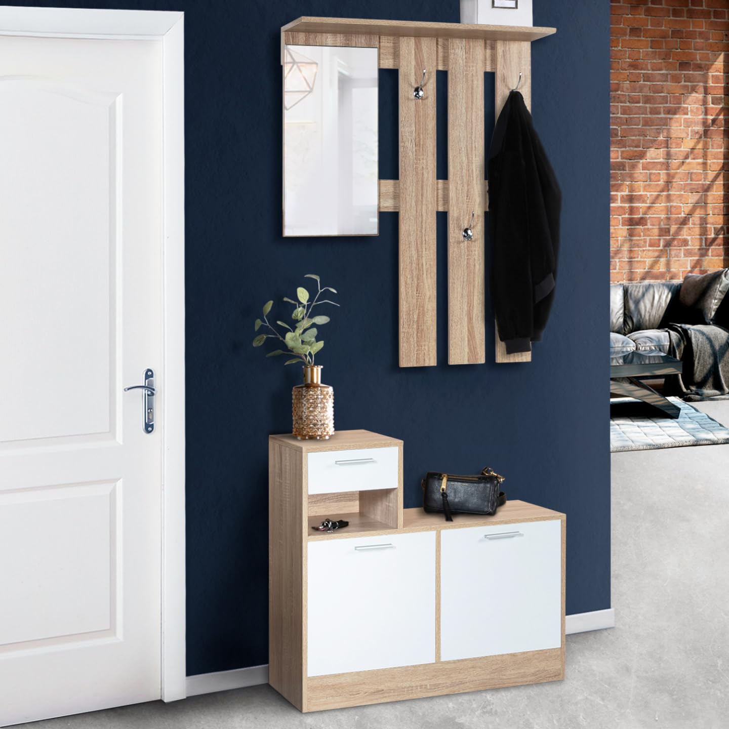IDMarket - Mobile da ingresso, appendiabiti con specchio, design in legno faggio e ante bianco PAULIN