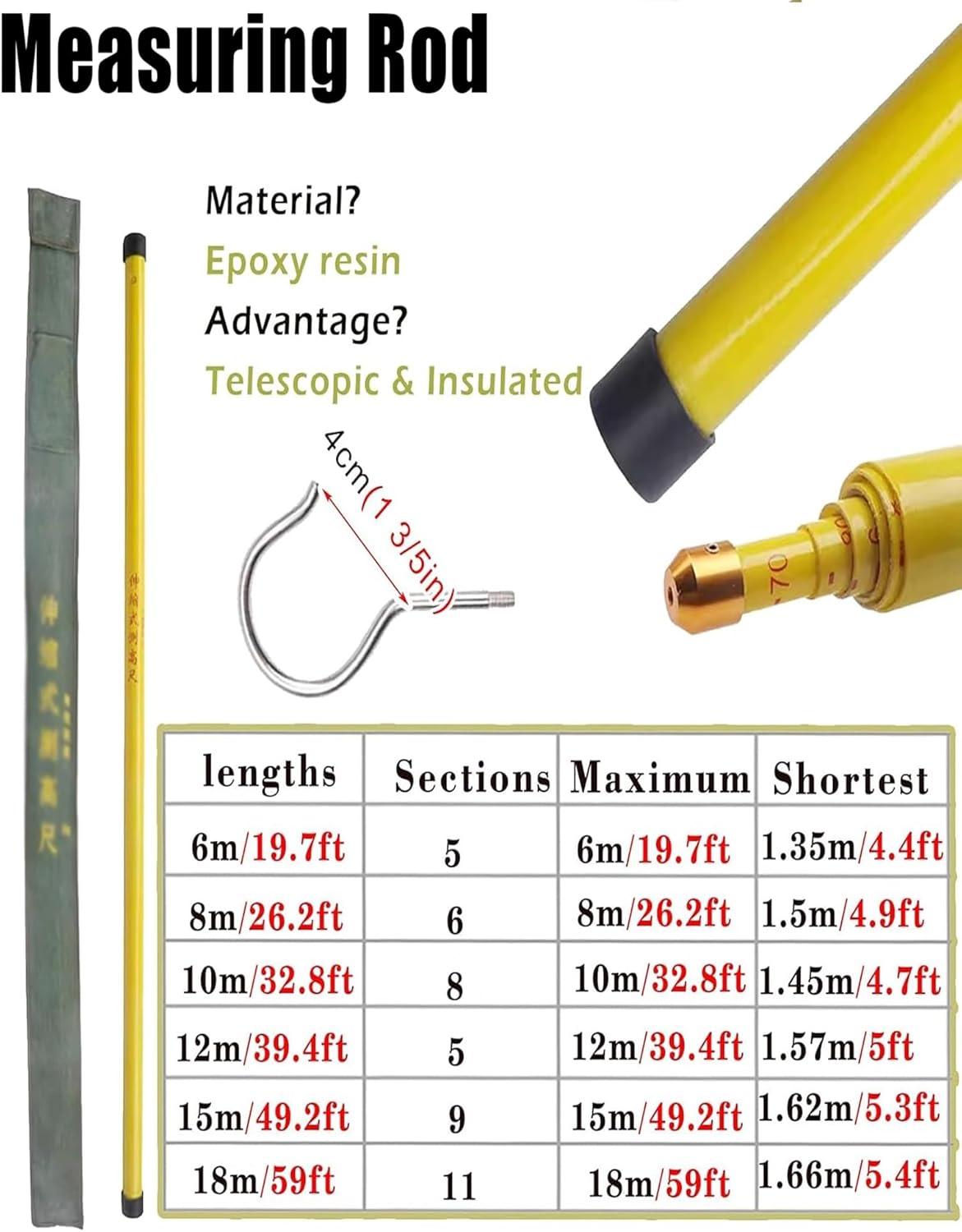 Lightweight Portable Height Measuring Rod for Electricians - Non-Conductive Epoxy Resin Height Stick with Hook, 1000cm/35.8ft, Ideal for Power Line Measurement, Comes with Carry Bag.,1000cm/35.8ft