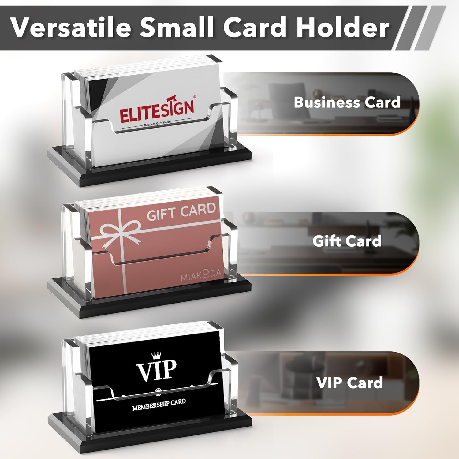 4 Pack Business Card Holder - Business Card Organizer with Black Base, Acrylic Name Cards Holder for Office, Reception, Vendor Booth and Trade Shows, Basic Office Supplies for Desk