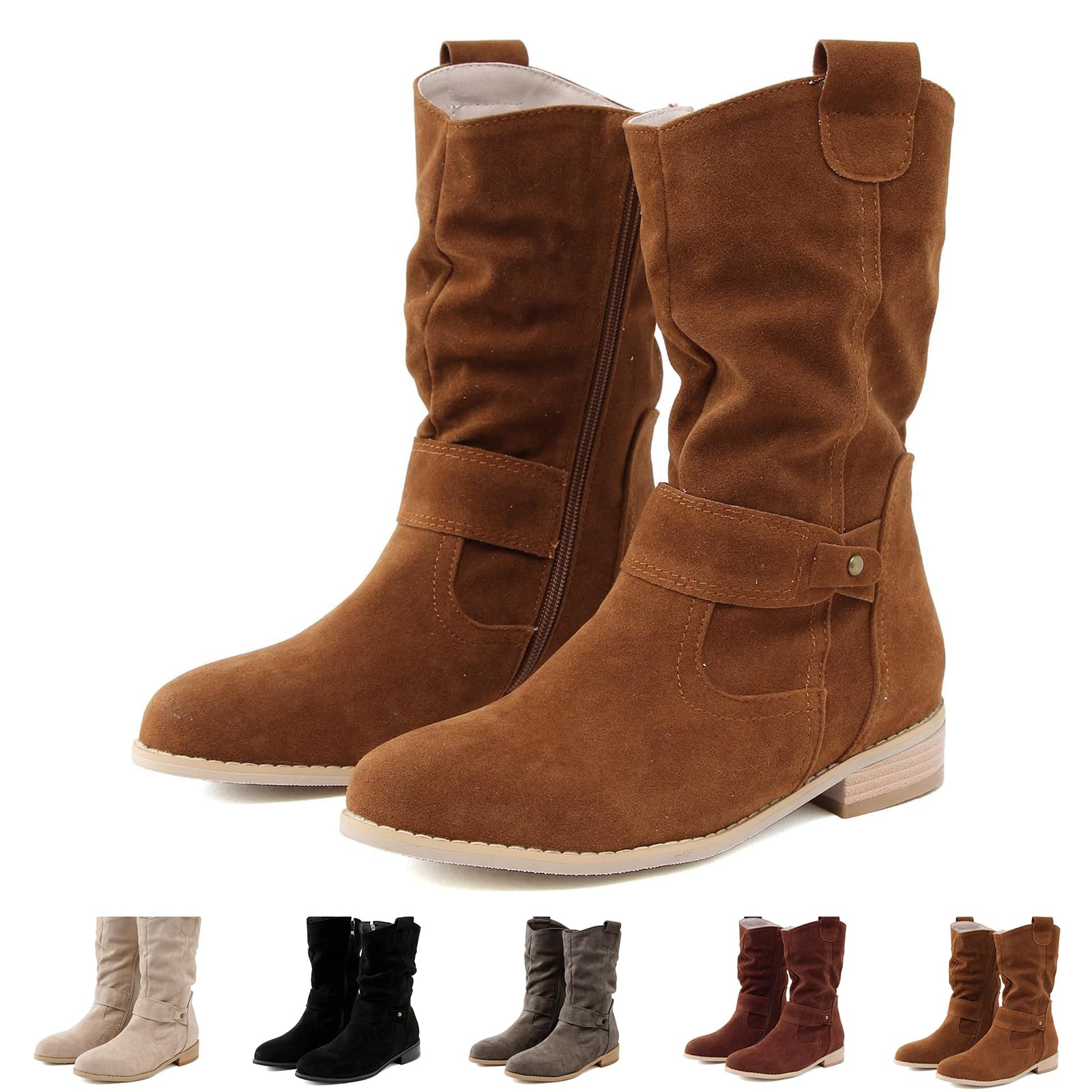 Womens Low Heel Cowboy Boots Suede Slip On Chunky Heel Ankle Booties Slouchy Fashion with Side Zipper
