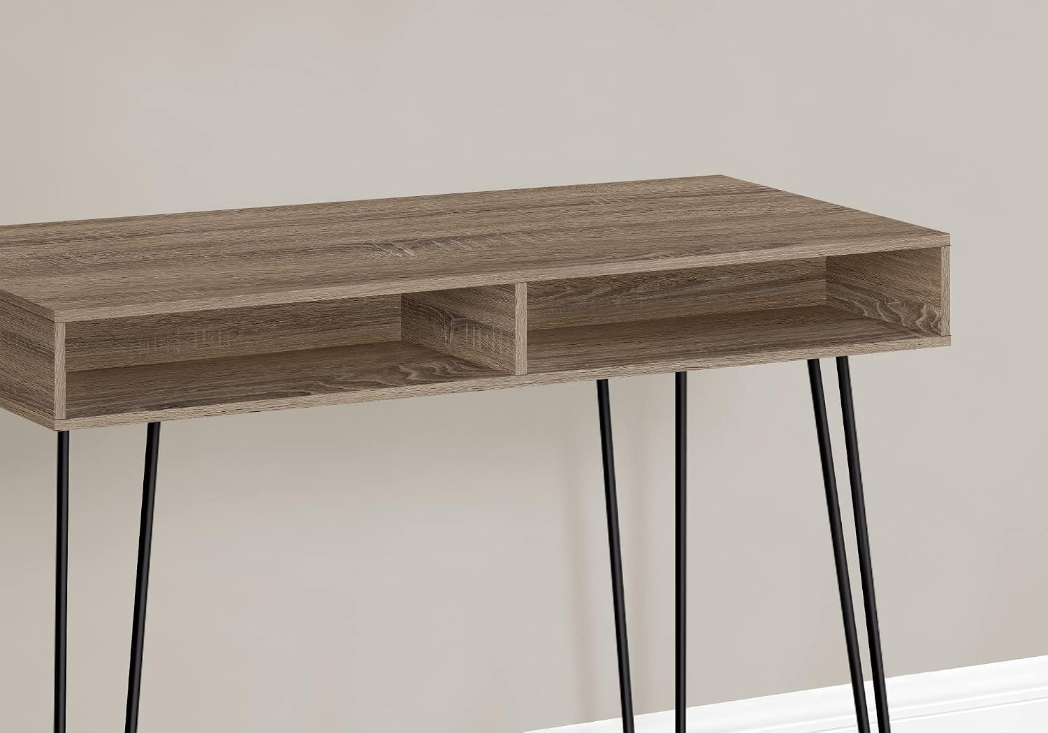 Pemberly Row Computer Desk, 40" Dark Taupe Wood-Style Laminate with Black Metal Hairpin Legs, 2 Cubbies, Mid-Century Style Home Office Laptop Desk for Dorm or Small Apartment