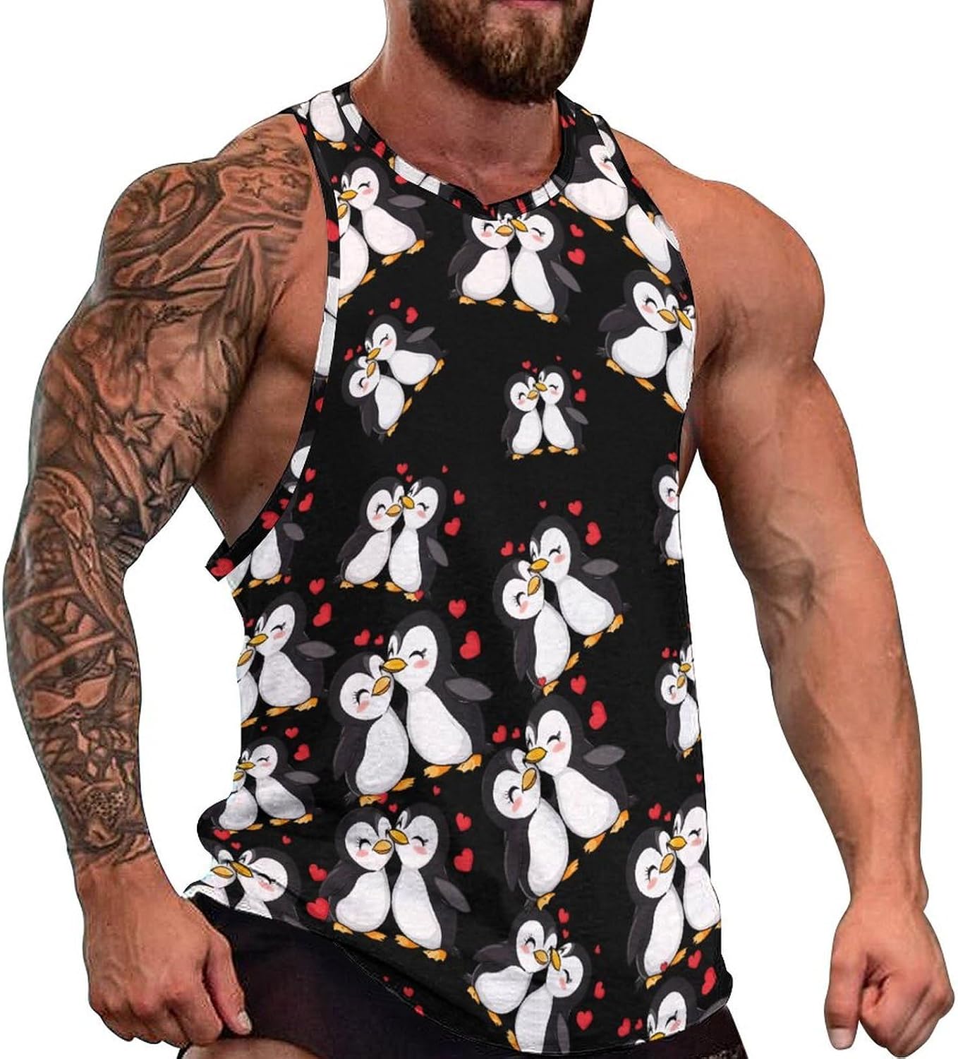 Love Cute Animal Penguins Men's Tank Tops Sleeveless Muscle Shirts for Men Lightweight Vest Crew Neck T-Shirts