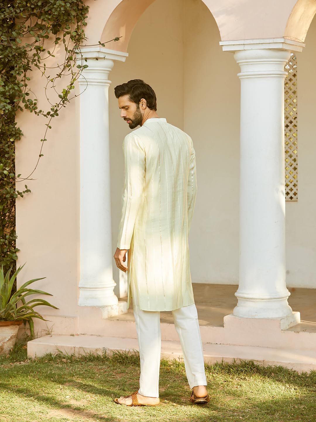 See Designs Men Full Sleeve Off White And Gold Chanderi Silk Sequins Mandarin Collar Side Slit Kurta With Pyjama - SDKT243601L - Image 4 thumbnail