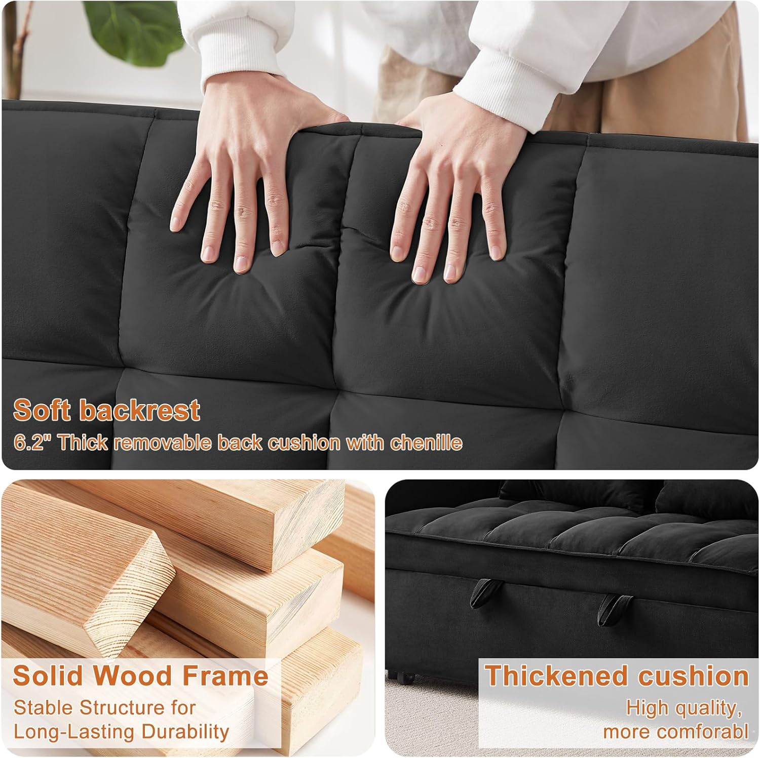Dreamzie 53" Sleeper Sofa, 3 in 1 Convertible Sofa Bed & Pull Out Couch, Modern Velvet Loveseat with Adjustable Backrest, Side Storage Pocket & 2 Pillows for Apartment Living Room, Black