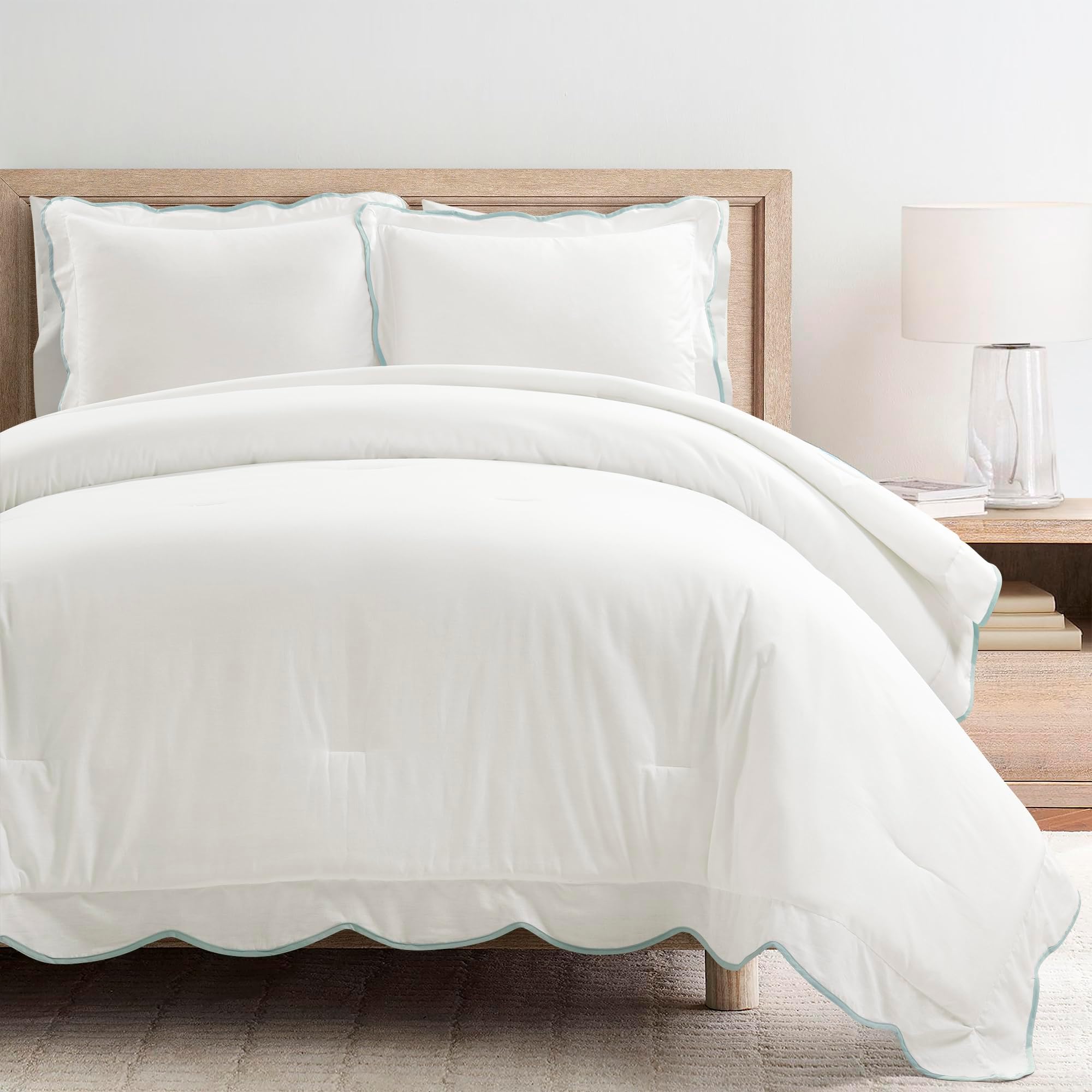 Lush Decor Coastal Chic Scalloped Edge Comforter Set, 3 Piece Set Full/Queen, Blue & White - Queen Bedding Set - White Comforter - Coastal Decor