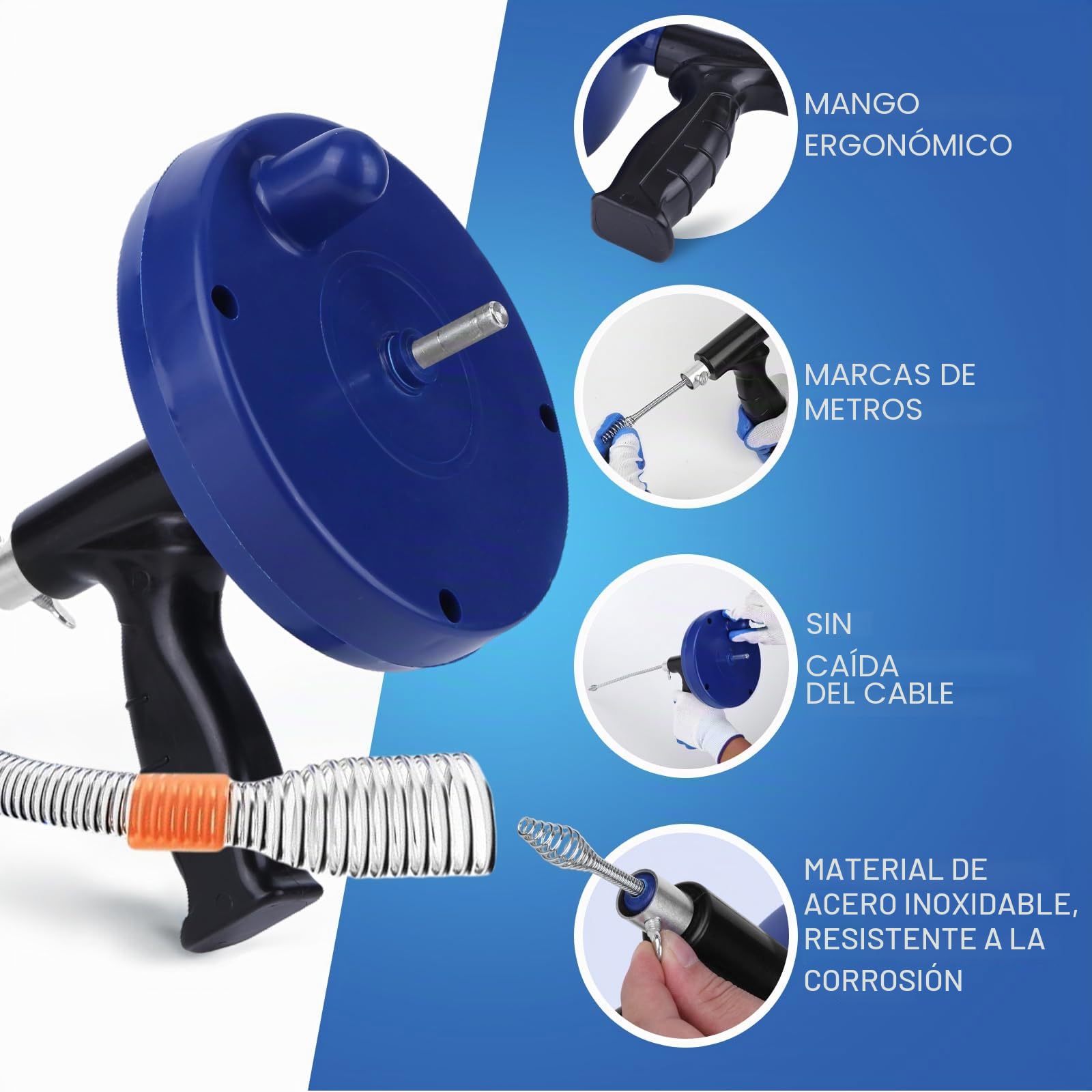 Desatascador Tuberias Profesional Espiral 7,5 Metros Desatascador Fregadero Alambre Desatascador Tuberias a Presion Guia Cable Limpia Desatascar Tuberias Canos Guia Desagues Maquina Cañerias