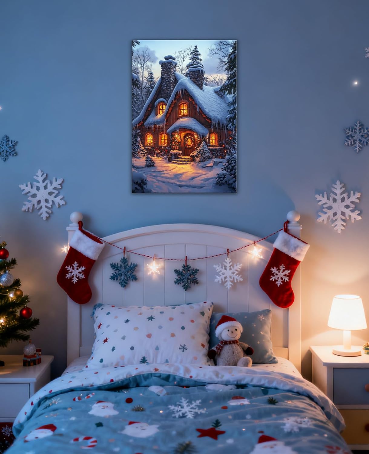 Winter Wall Art Snowy Cottage Canvas Print Christmas House Pictures Rustic Forest Landscape Painting Xmas Poster for Living Room Bedroom Home Decor Framed(SNOW-1,16"x20")