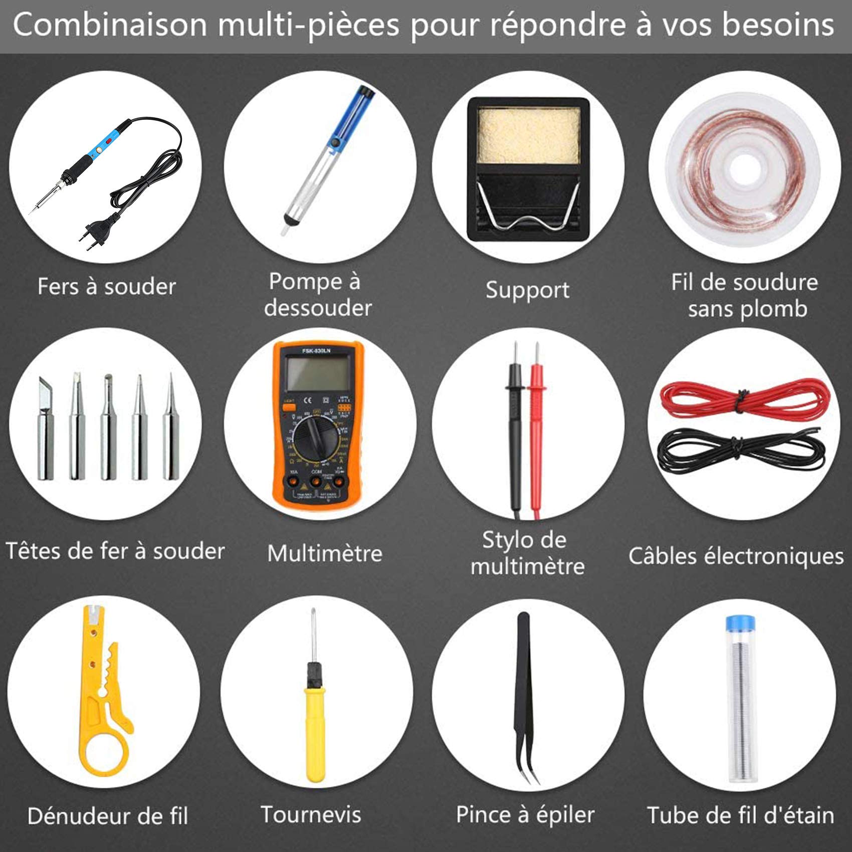 Fer à Souder Kit, 60W, Temperature Réglable de 200~450℃, Multimètre, 5PCS Conseils de soudage, Pompe à Dessouder, Fil de Soudure, Pincettes, Tournevis, Dénudeur de Fil, Support