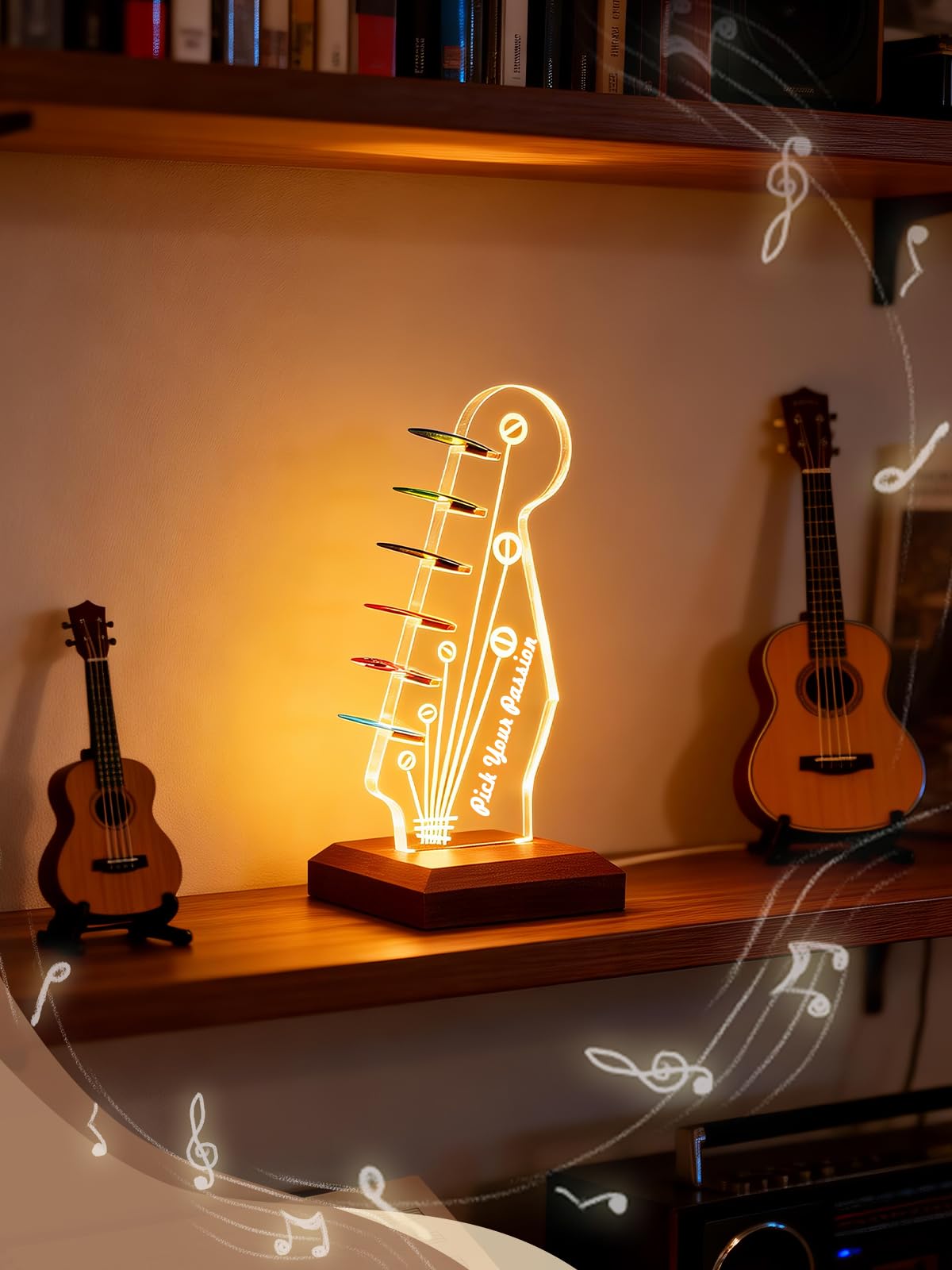 CoolGift Mart Soporte de púas luminoso para guitarra, Soporte acrílico para púas de guitarra eléctrica con forma de clavijero y base de madera para guardar y exponer las púas, Accesorios de guitarra