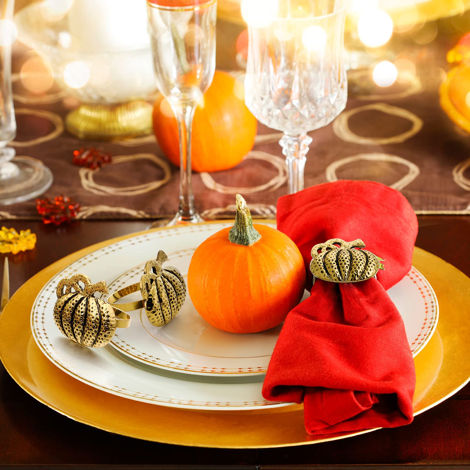 20 Stück Thanksgiving Fall Serviettenringe Rustikale Kürbis Serviettenhalter Metall Kürbis Esstische Ringe für Party Dekoration Tischdekoration Tischdekoration Familientreffen Antik Gold