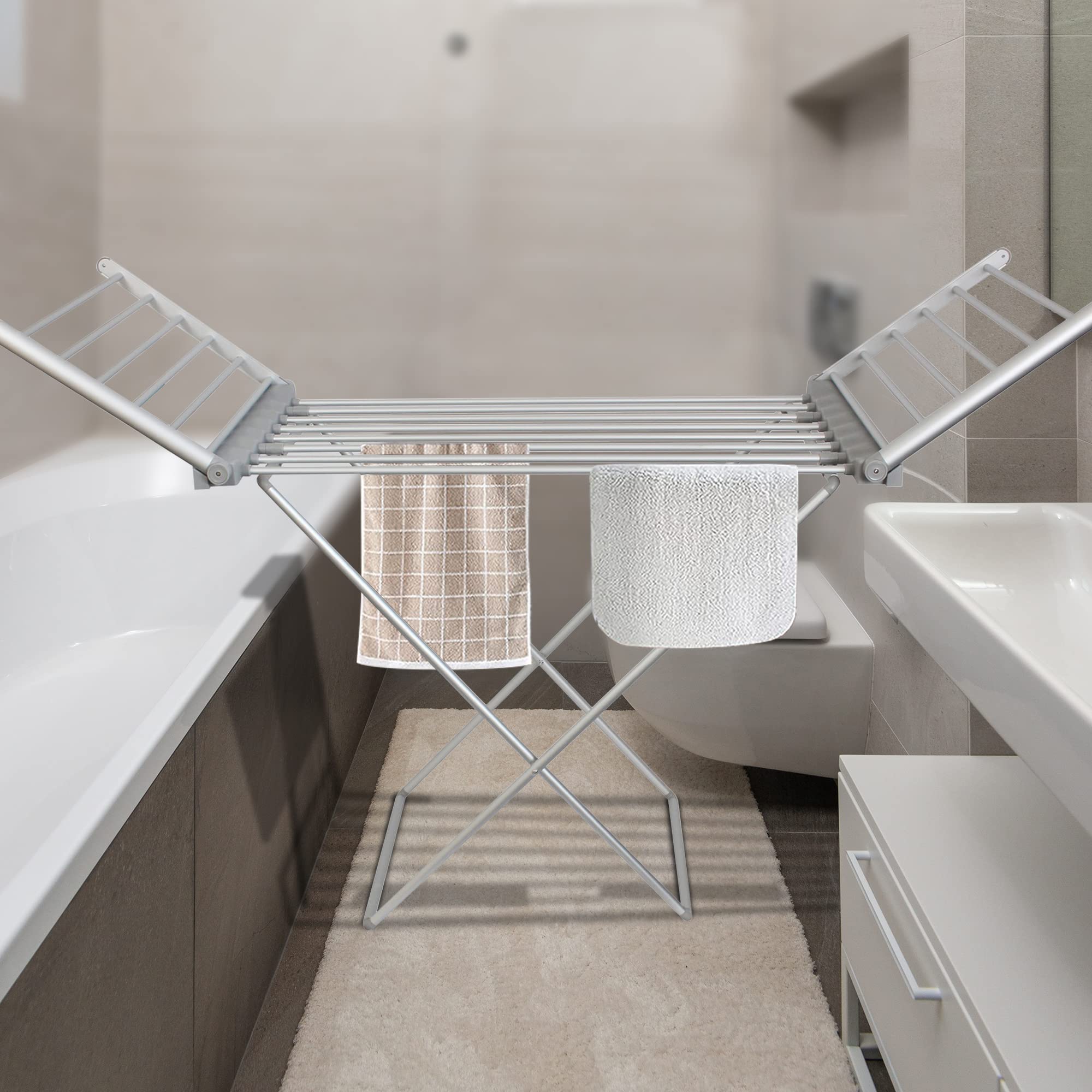 Fishtec Stendibiancheria Elettrico Pieghevole - 18 Barre Riscaldanti e 11,3 m di Superficie - Ideale per Asciugatura Rapida e Sicura in Casa Bagno o Lavanderia in Alluminio Argento 145x54x94 cm