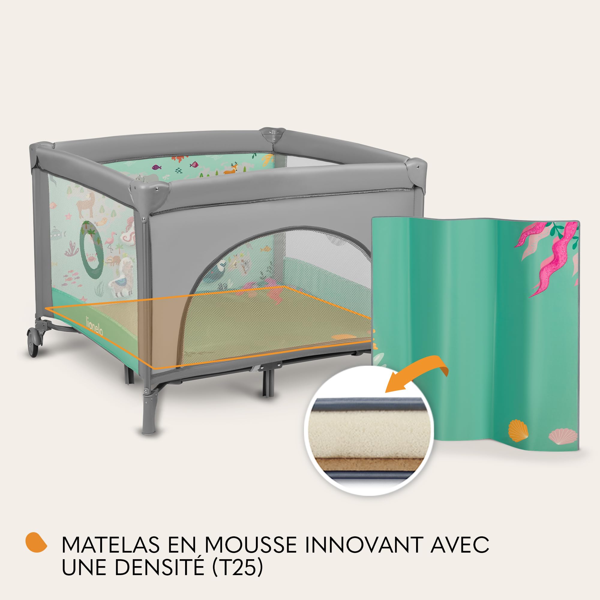 lionelo  Mille Lit de Voyage et Parc Bébé 100x100 cm jusqu'à 15 kg 0-36 Mois, Entrée Latérale Zippée, Matelas, roulettes Freinées, Pliage Facile, Sac de Transport