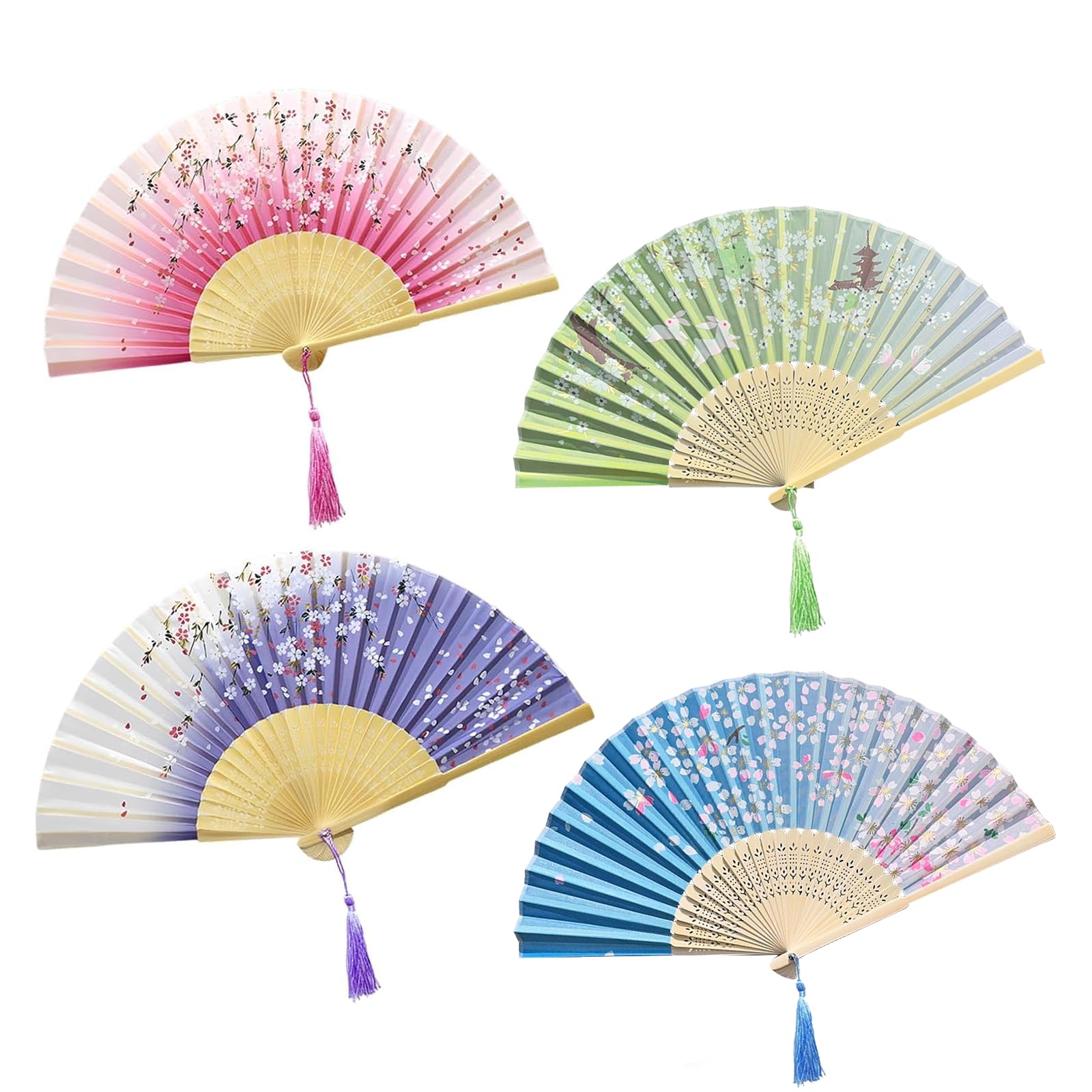 4Pcs Folding Hand Fan, Silk Fabric Bamboo Ribs Handheld Fan, Folding Chinese Fan,Portable Fold Hand Fans for Wedding Festivals Prom Festival DIY Home (Multi06)