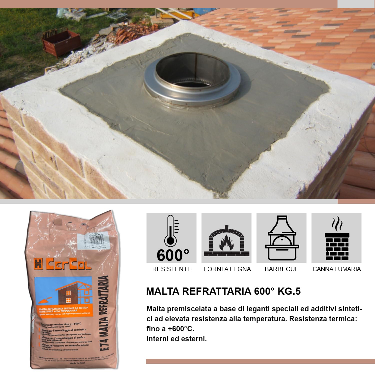 MASTERBRICO Cemento Refrattario Alta Temperatura 5 kg Grigio – Malta Resistente Fino a 600°C per Forni a Legna, Barbecue, Caminetti, Stufe – Pronto all’Uso per Lavori in Muratura